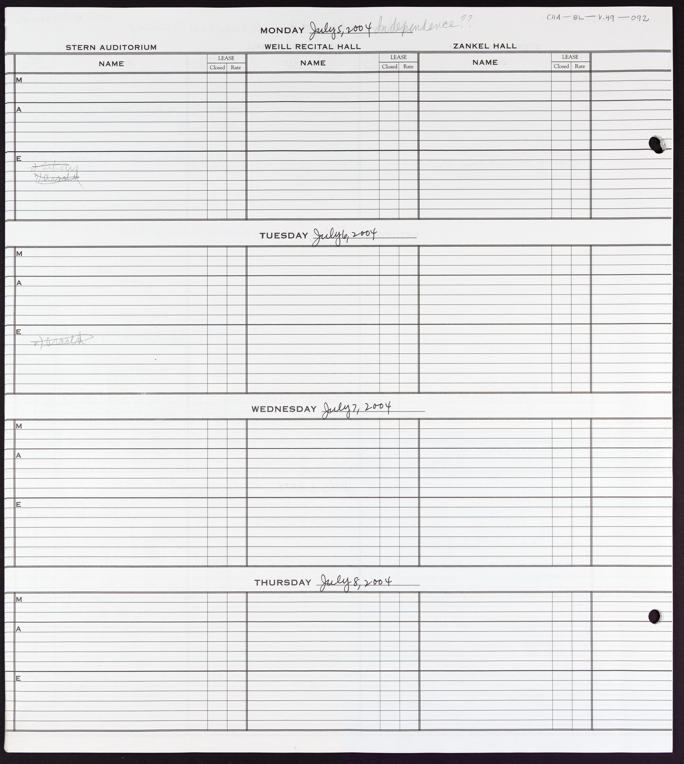 Carnegie Hall Booking Ledger, volume 49, page 92