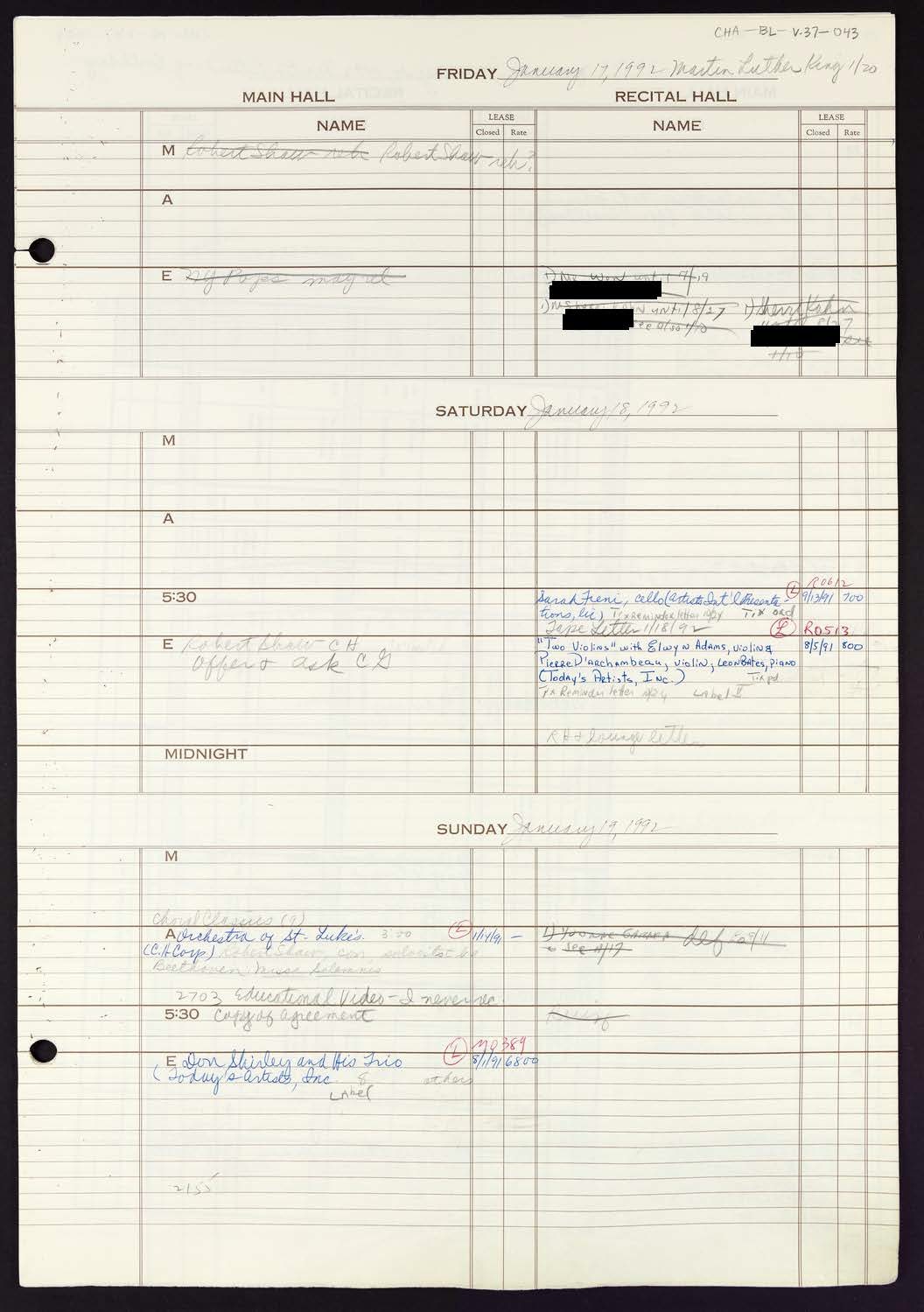 Carnegie Hall Booking Ledger, volume 37, page 43