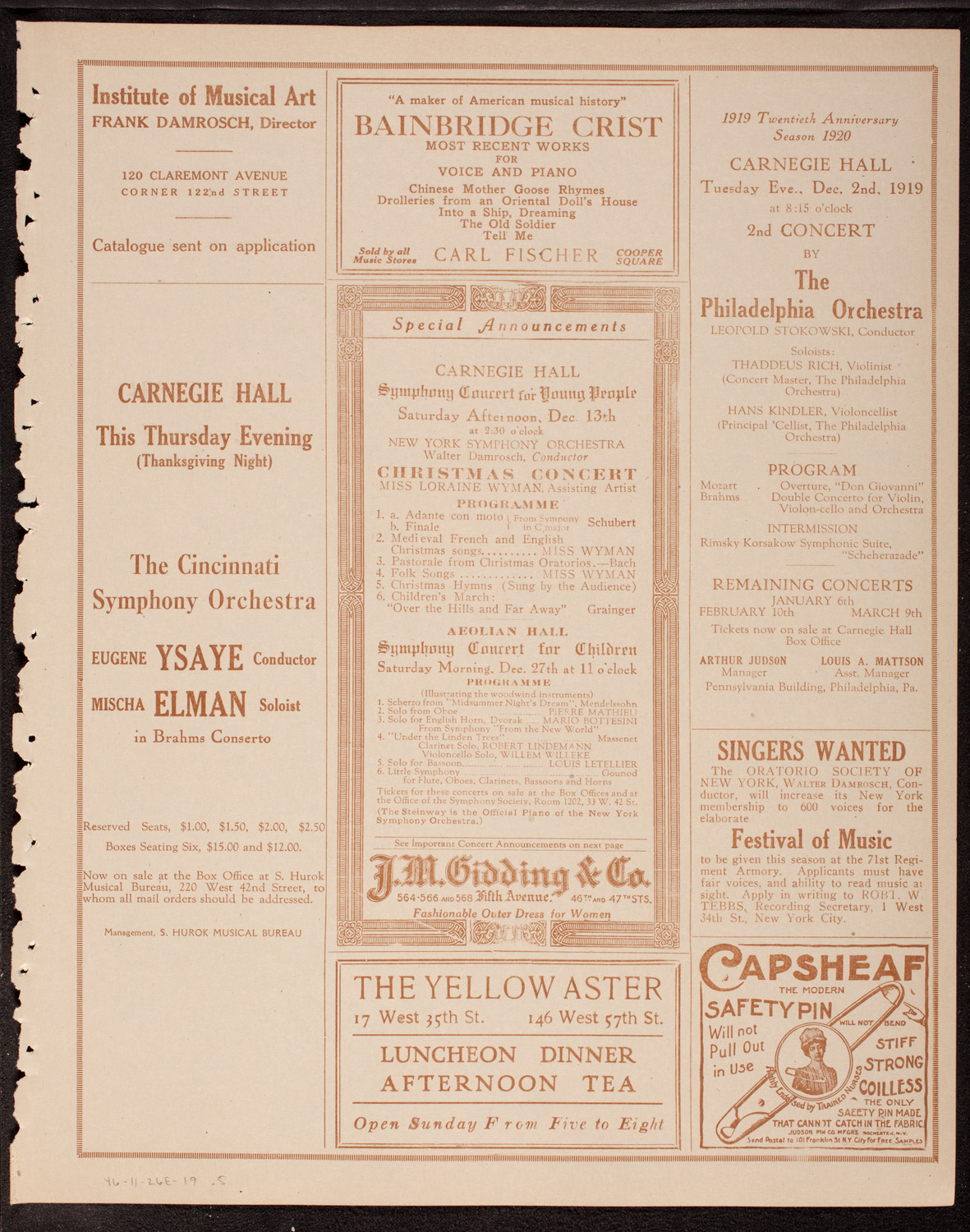 New Symphony Orchestra, November 26, 1919, program page 9