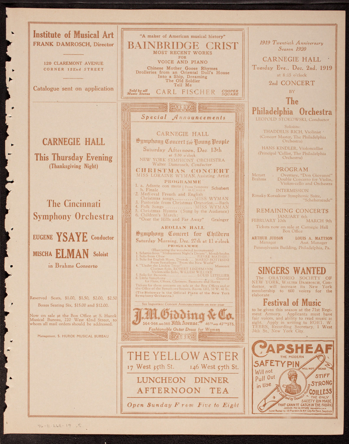 New Symphony Orchestra, November 26, 1919, program page 9