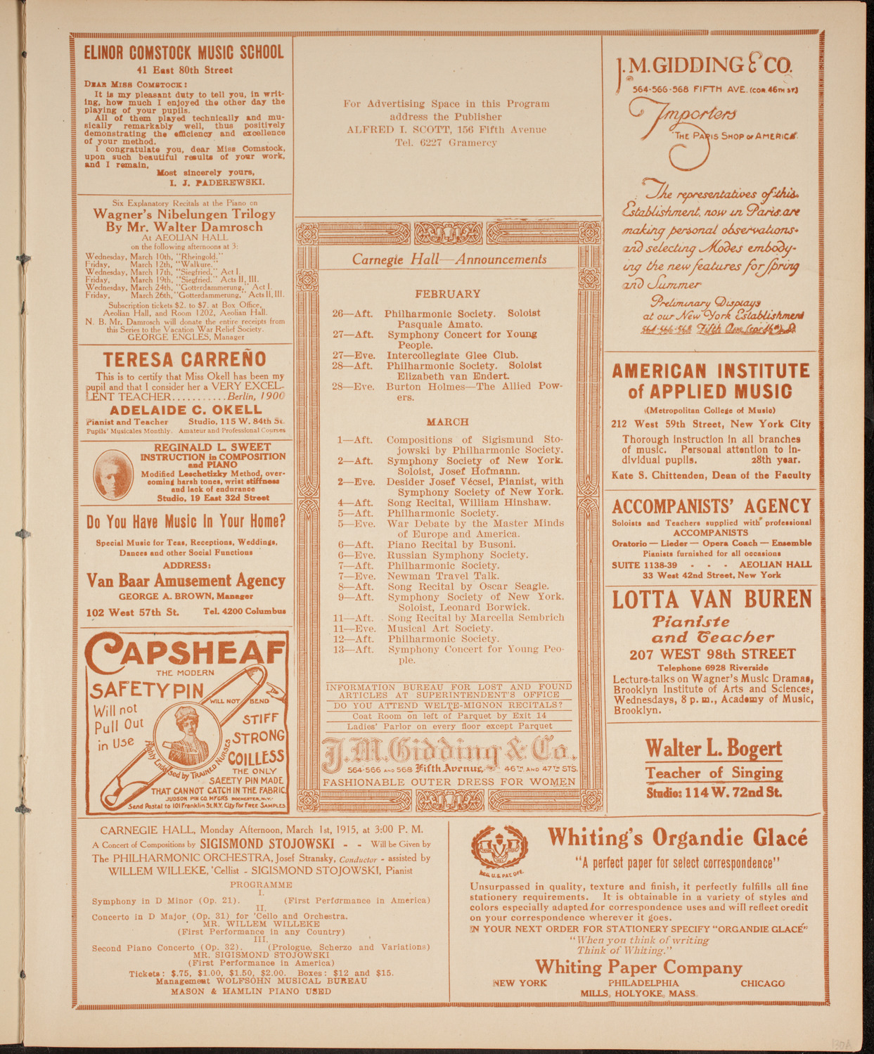 New York Philharmonic, February 25, 1915, program page 3