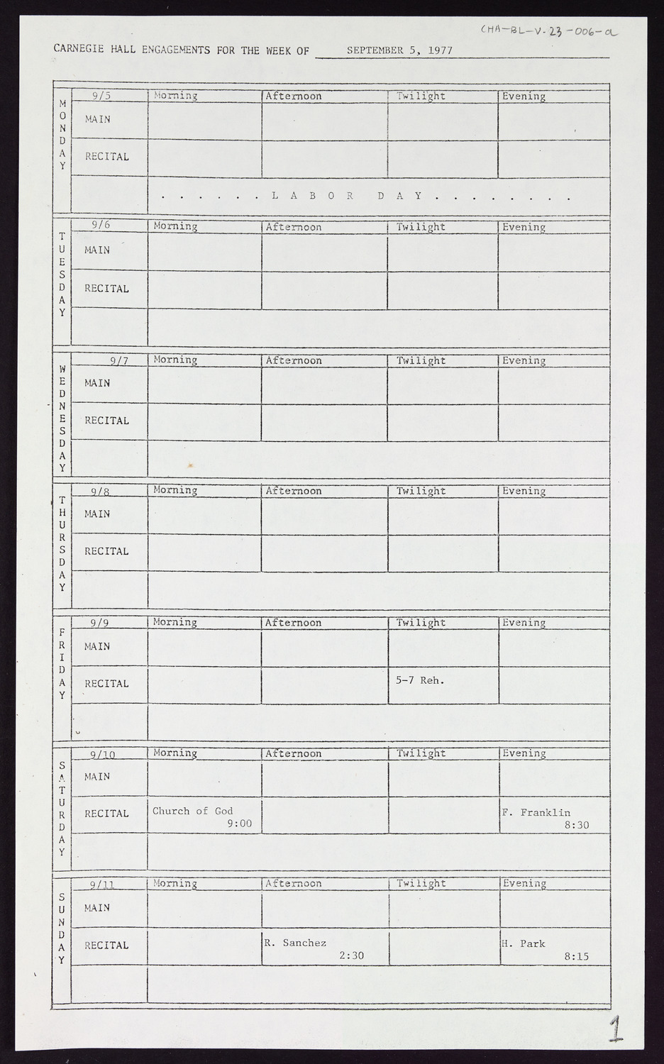 Carnegie Hall Booking Ledger, volume 23, page 6a