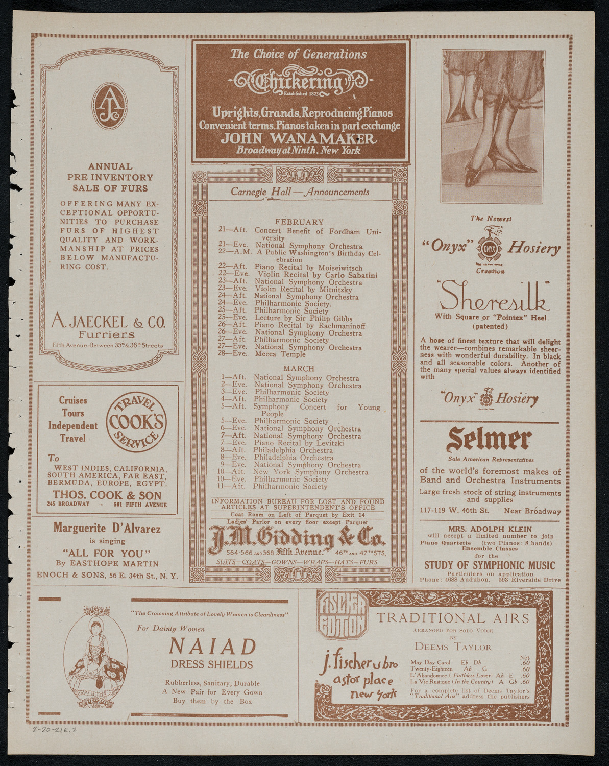 National Symphony Orchestra, February 20, 1921, program page 3