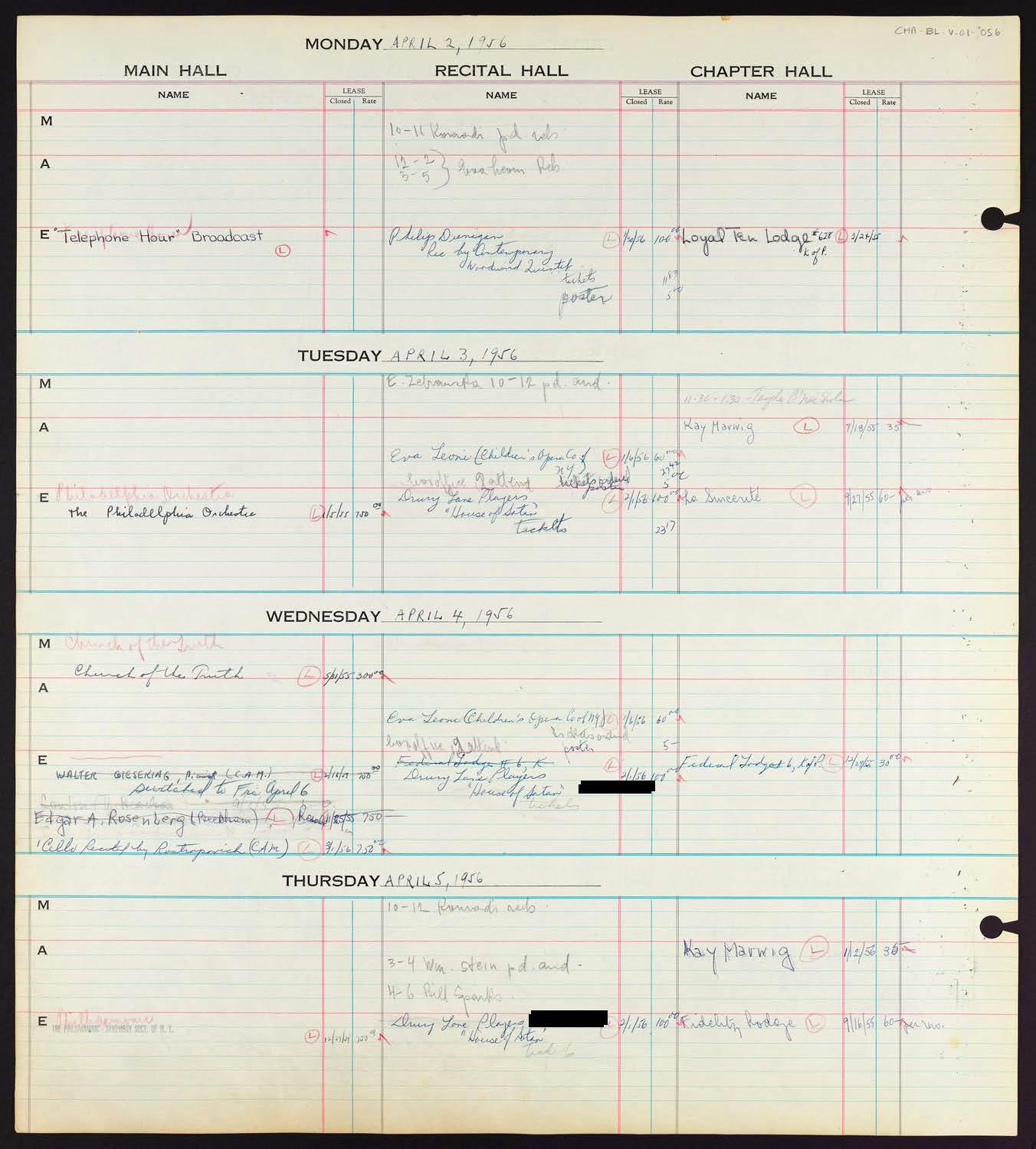 Carnegie Hall Booking Ledger, volume 1, page 56