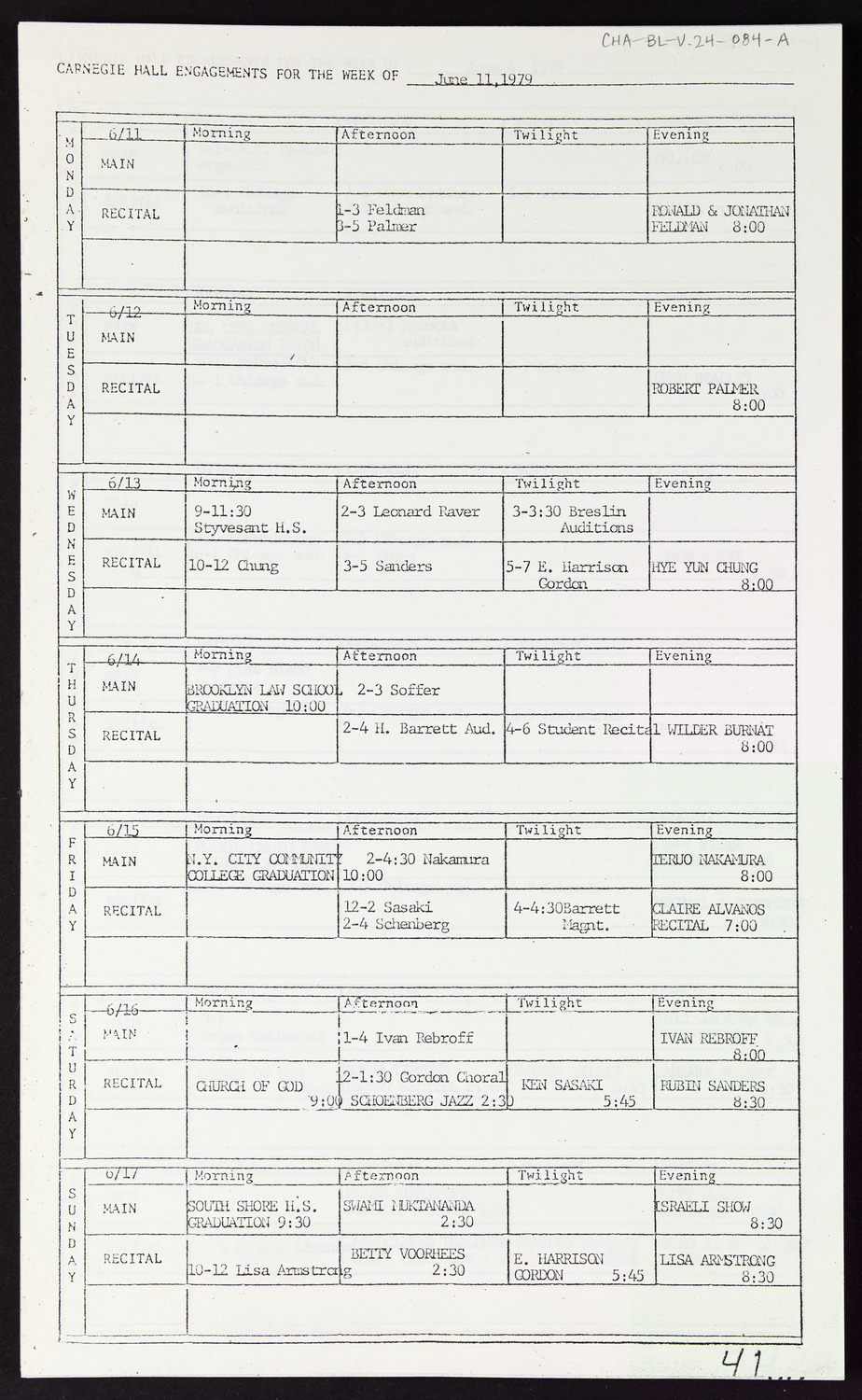 Carnegie Hall Booking Ledger, volume 24, page 84a