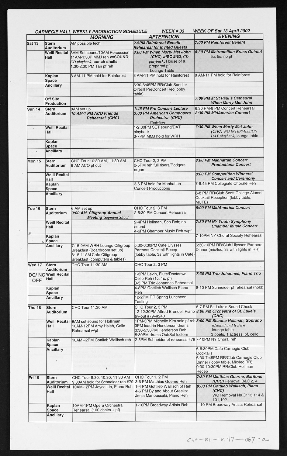 Carnegie Hall Booking Ledger, volume 47, page 67a