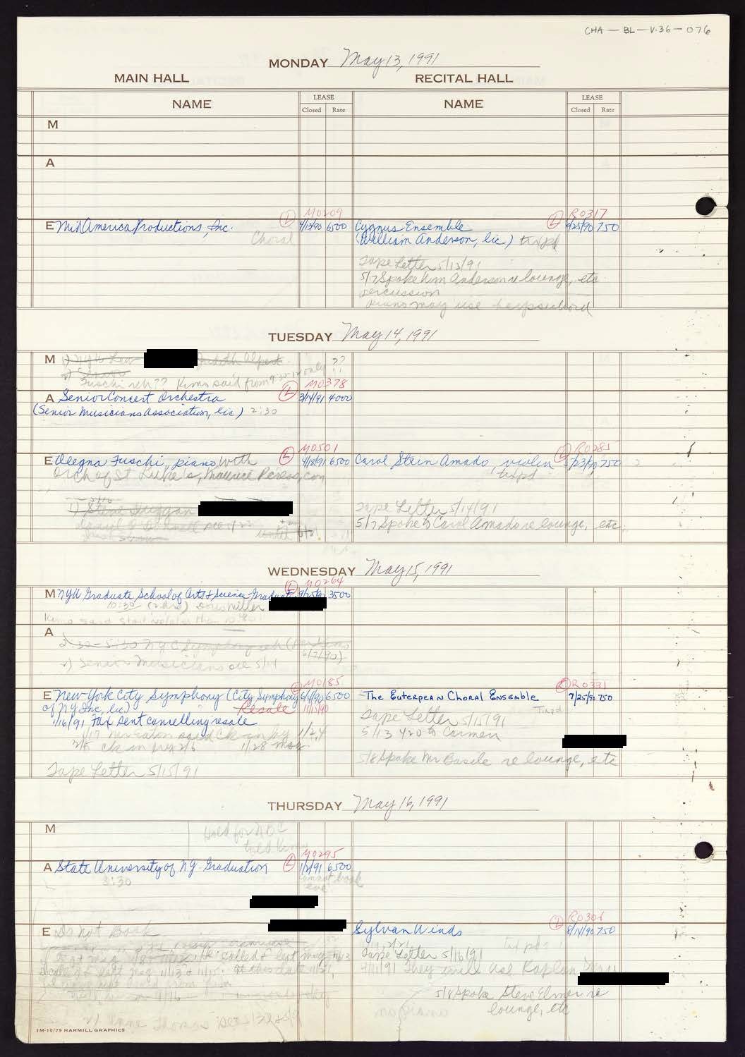 Carnegie Hall Booking Ledger, volume 36, page 76