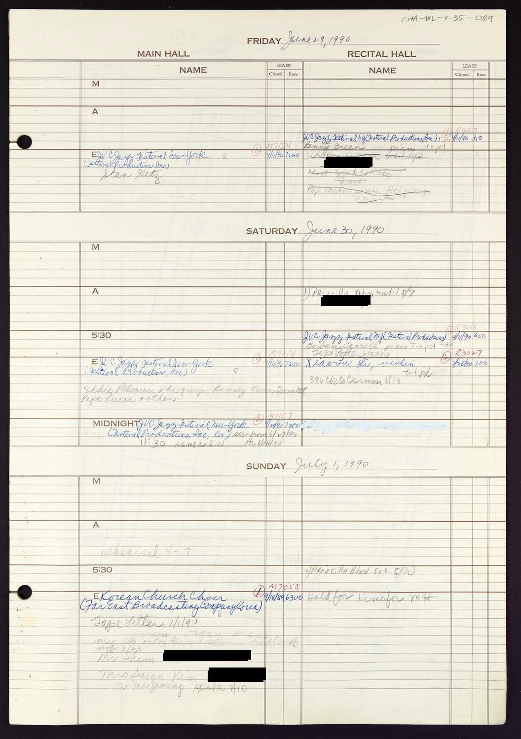 Carnegie Hall Booking Ledger, volume 35, page 89