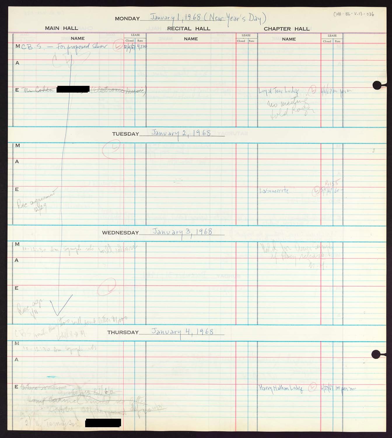 Carnegie Hall Booking Ledger, volume 13, page 36