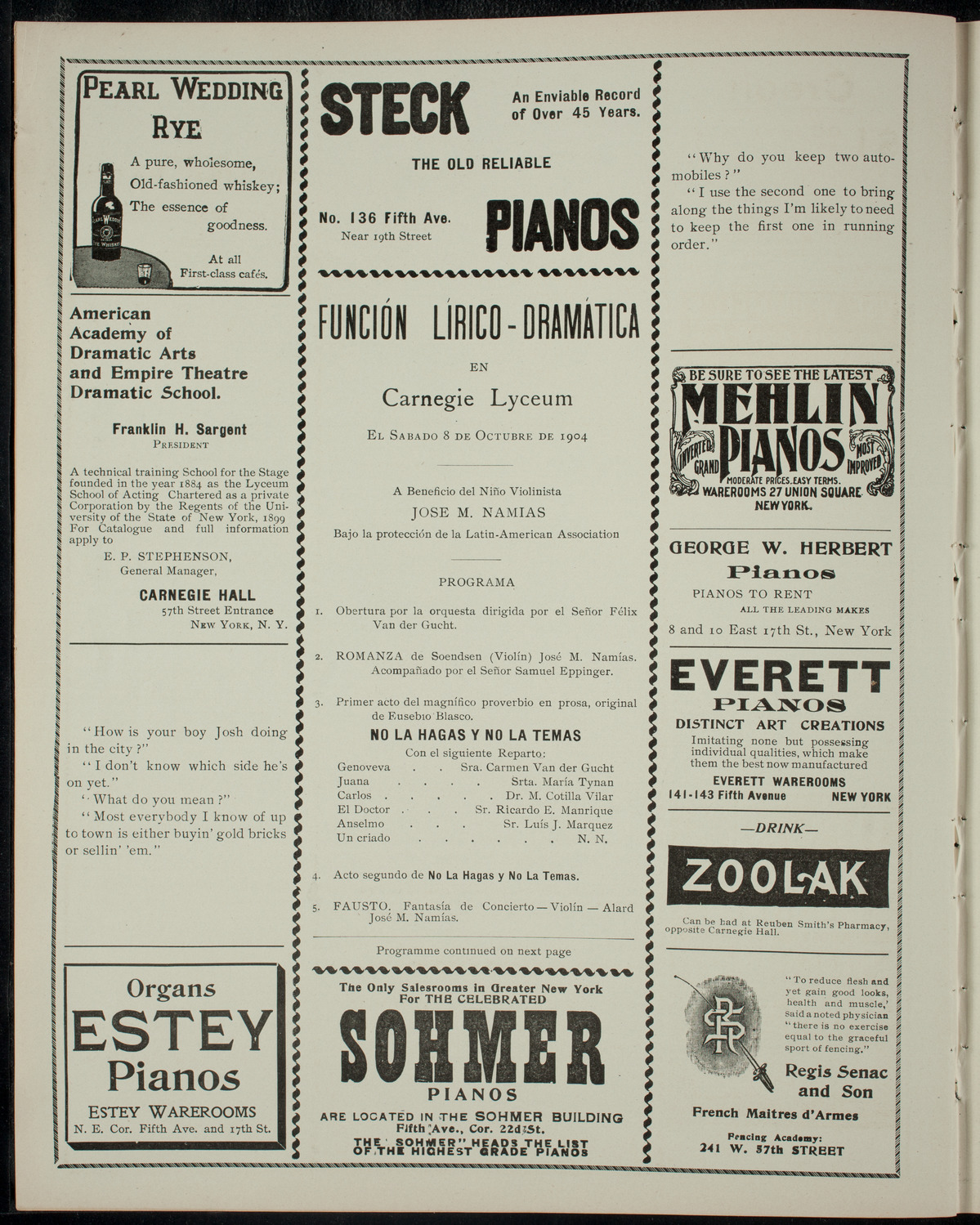 Función Lírico-Dramática a Beneficio del Niño Violinista Jose M. Namias, October 8, 1904, program page 2