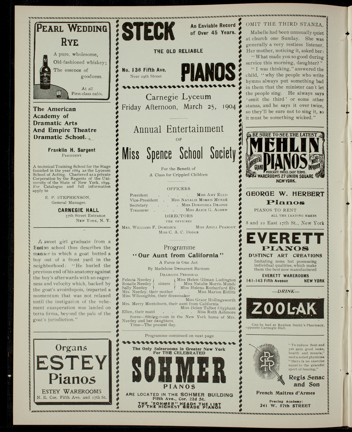 Miss Spence School Society/ Benefit: Class for Crippled Children, March 25, 1904, program page 2
