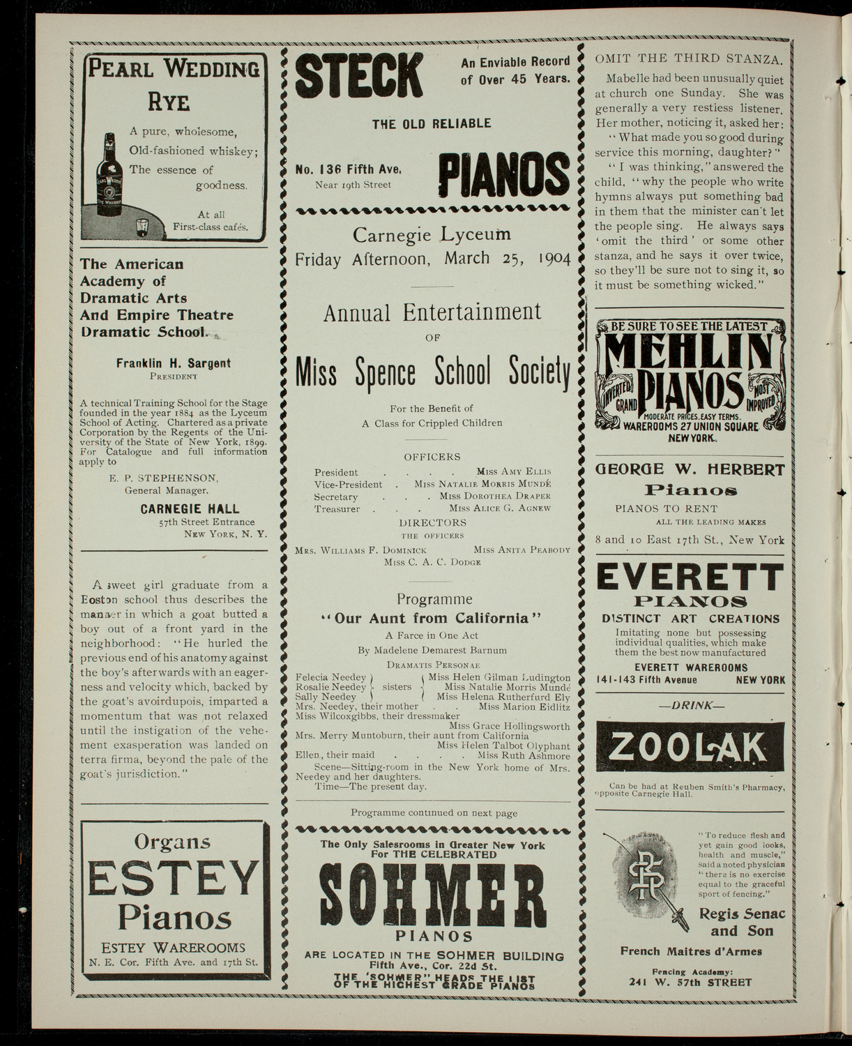 Miss Spence School Society/ Benefit: Class for Crippled Children, March 25, 1904, program page 2