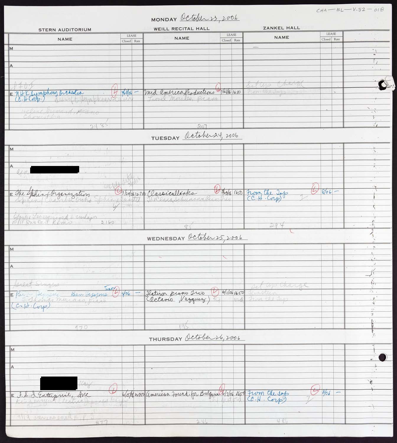 Carnegie Hall Booking Ledger, volume 52, page 18