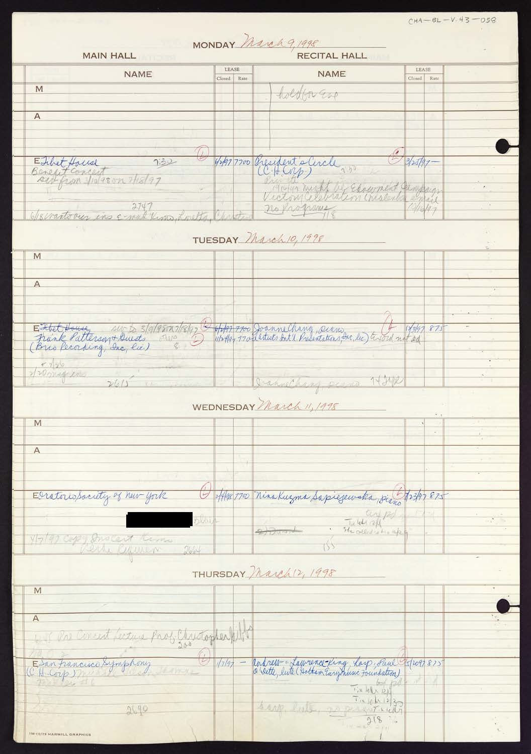 Carnegie Hall Booking Ledger, volume 43, page 58