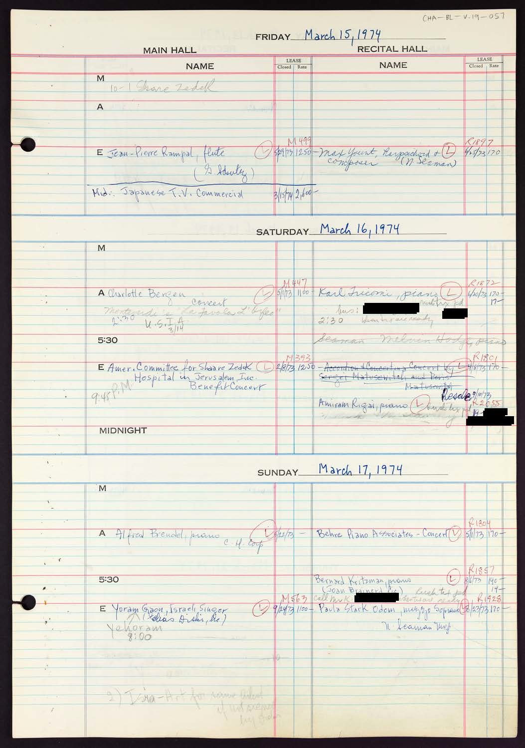 Carnegie Hall Booking Ledger, volume 19, page 57