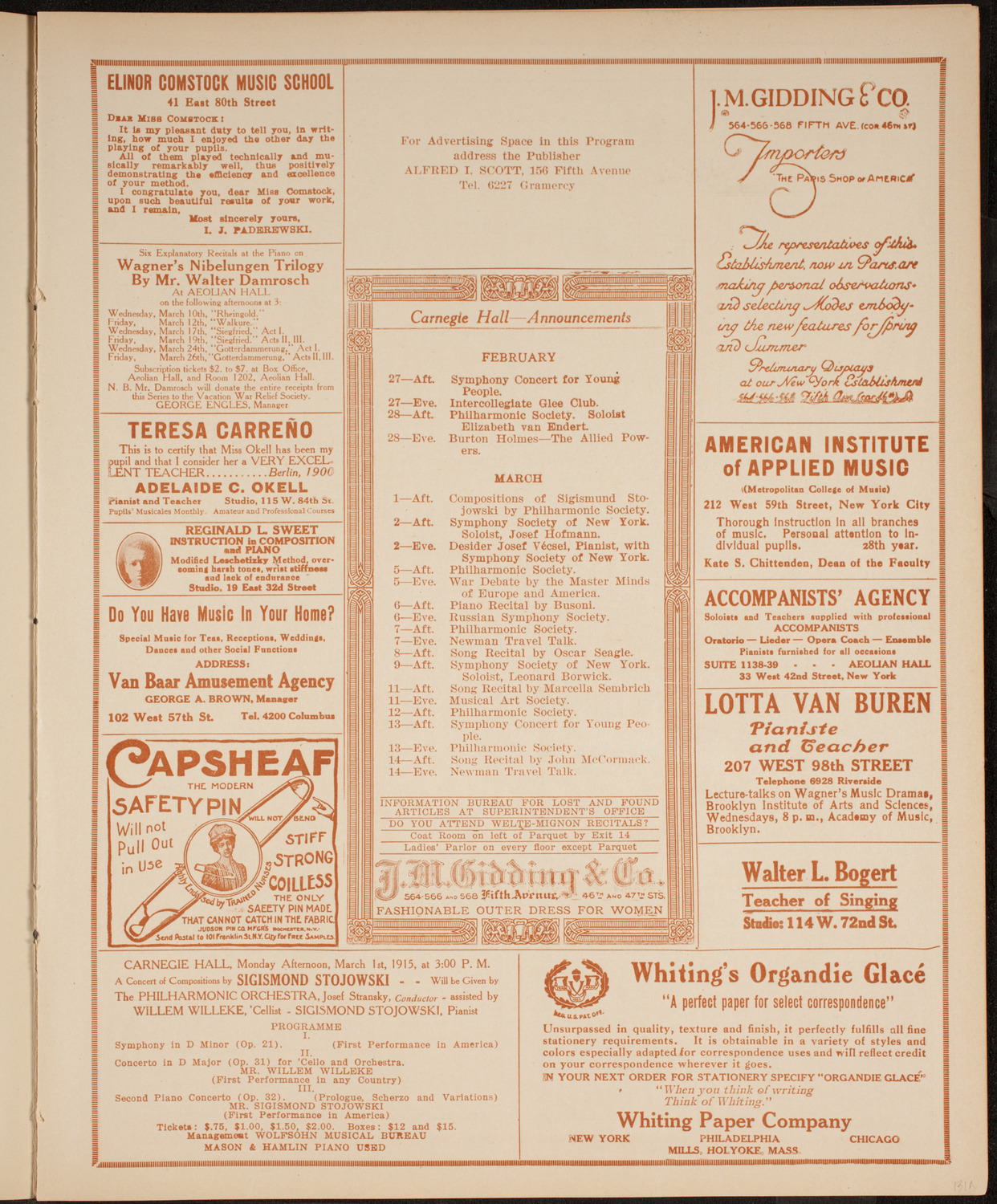 New York Philharmonic, February 26, 1915, program page 3