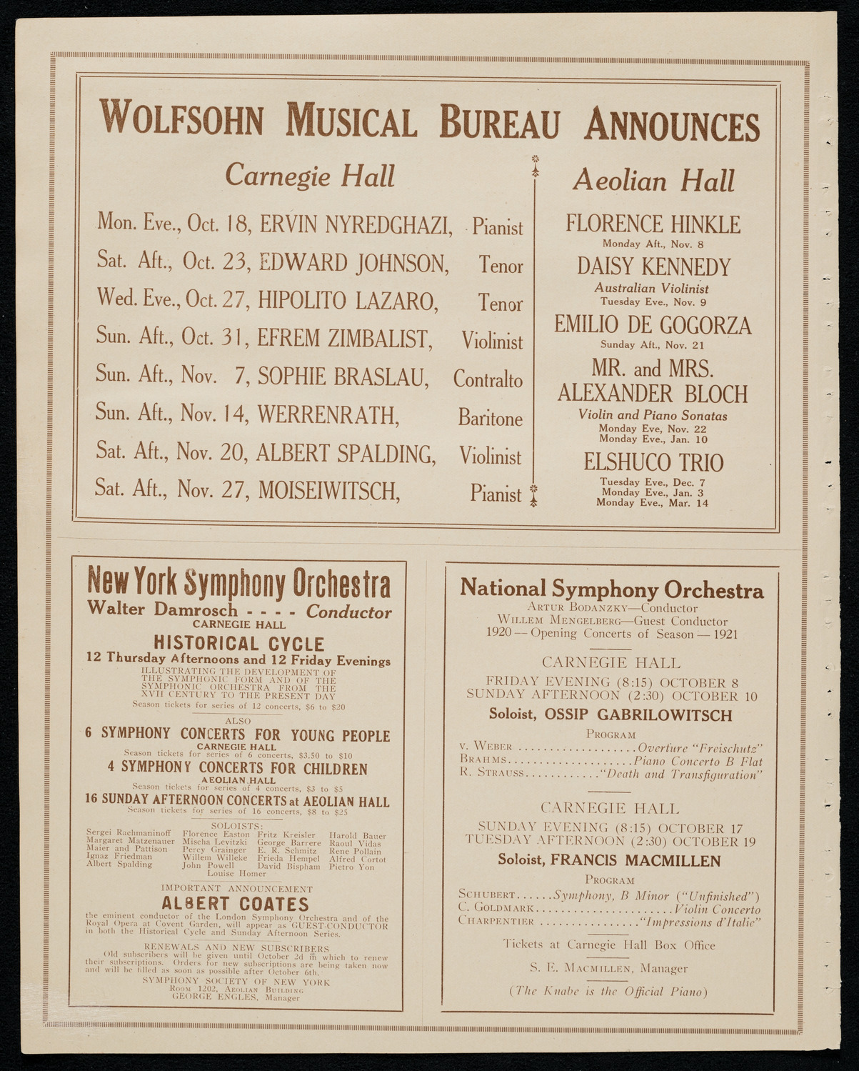 Mishel Piastro, Violin, October 3, 1920, program page 8