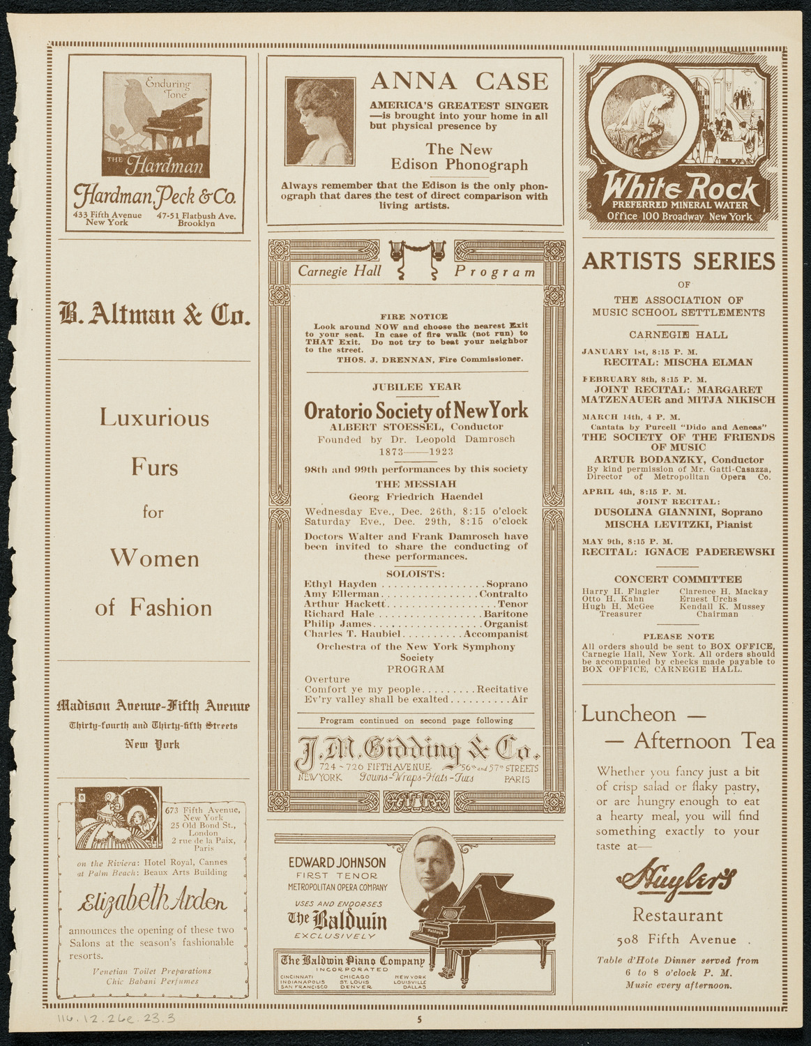 Oratorio Society of New York, December 26, 1923, program page 5