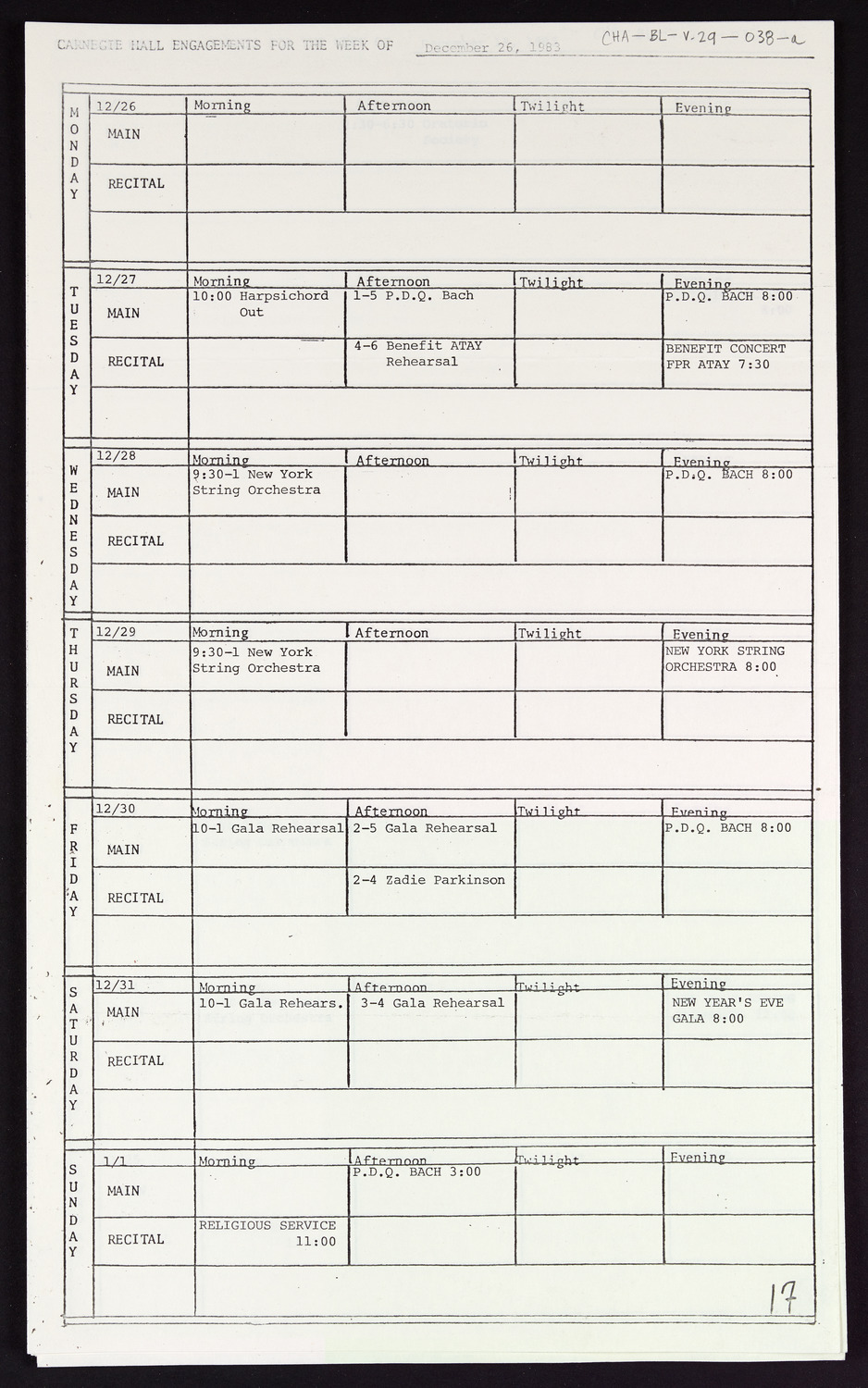 Carnegie Hall Booking Ledger, volume 29, page 38a