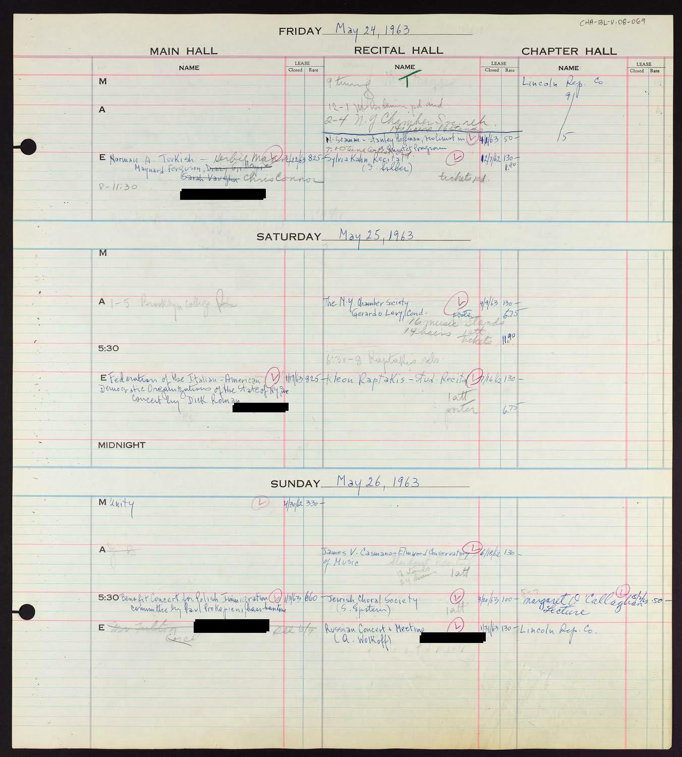 Carnegie Hall Booking Ledger, volume 8, page 69