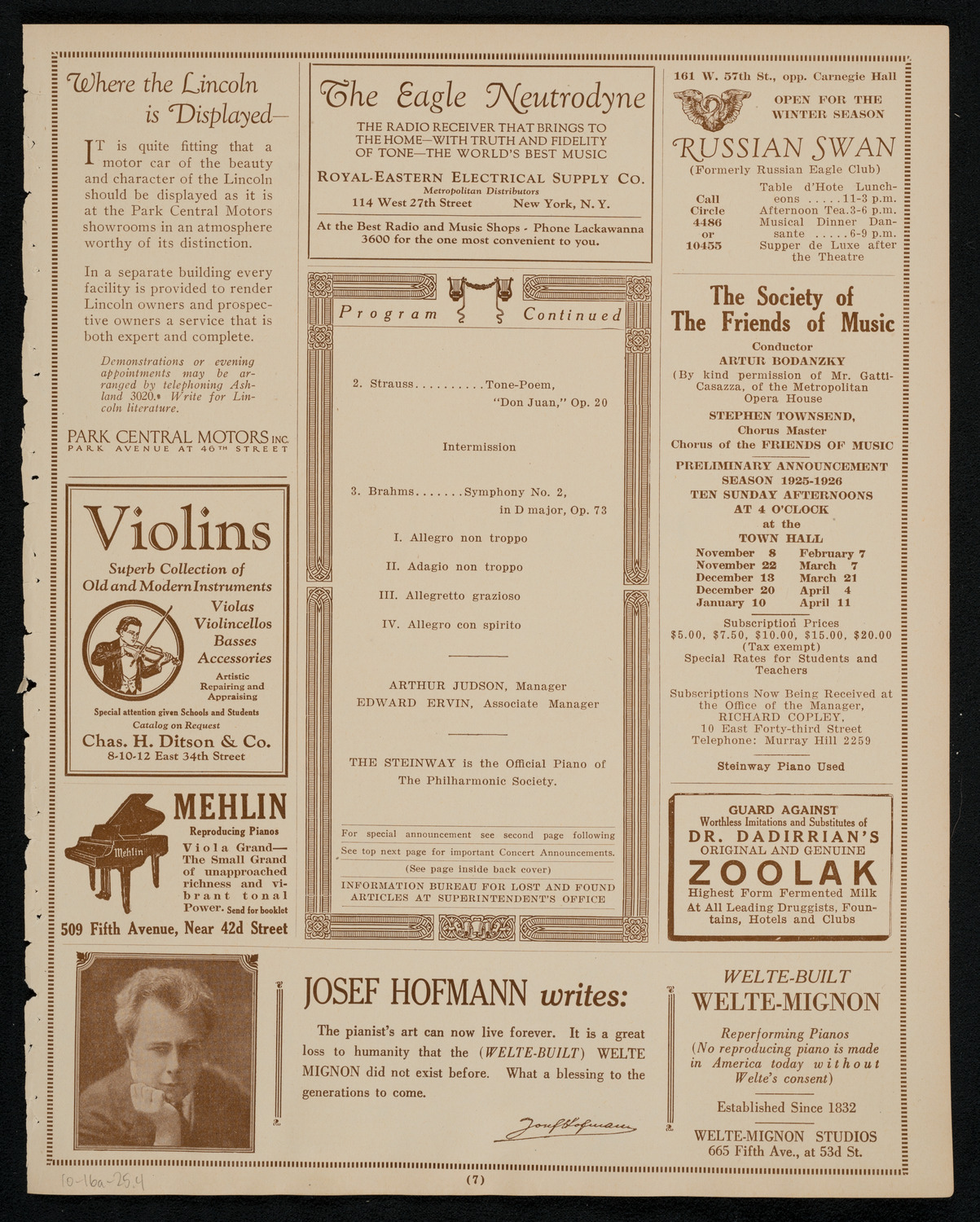 New York Philharmonic, October 16, 1925, program page 7