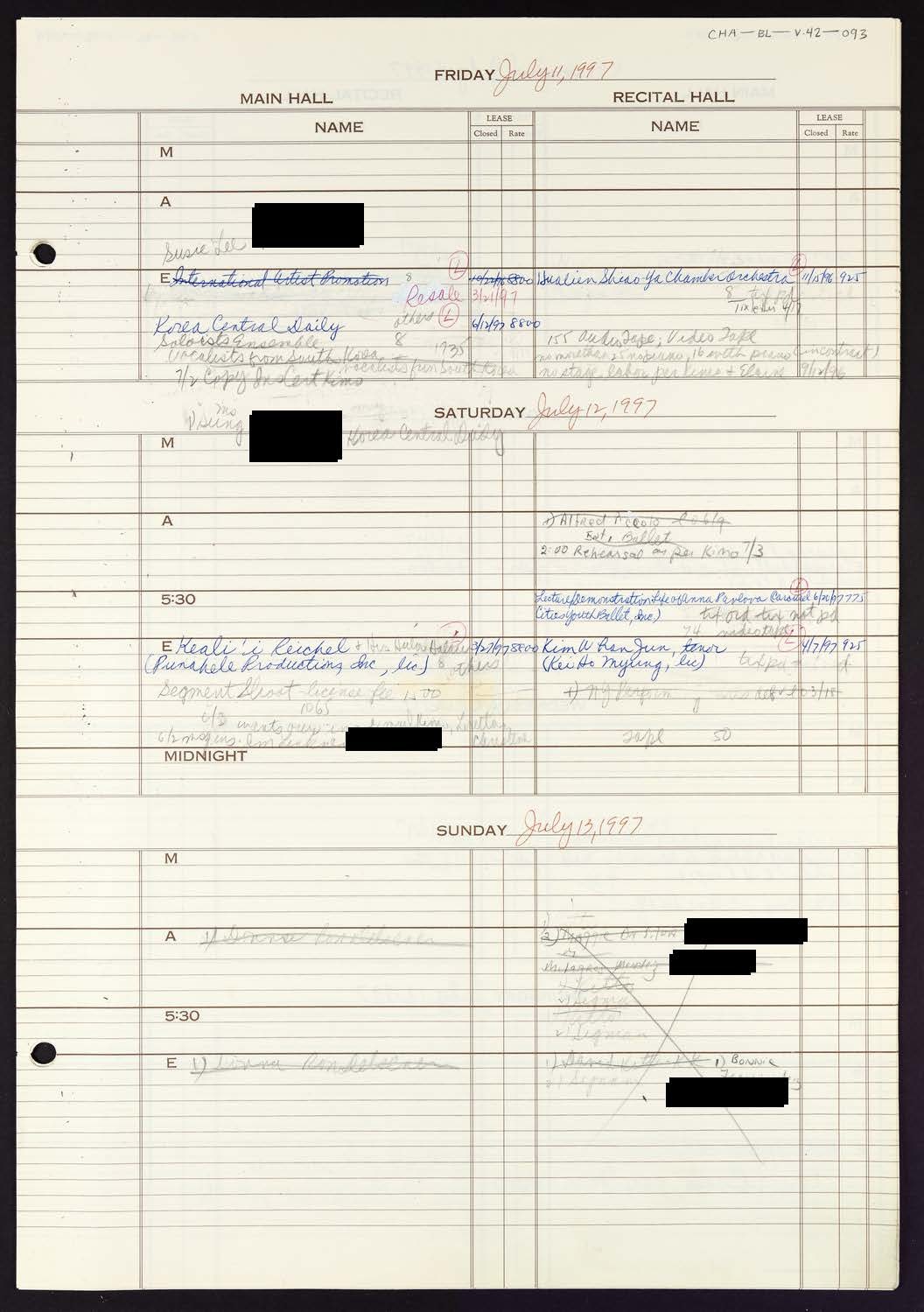 Carnegie Hall Booking Ledger, volume 42, page 93