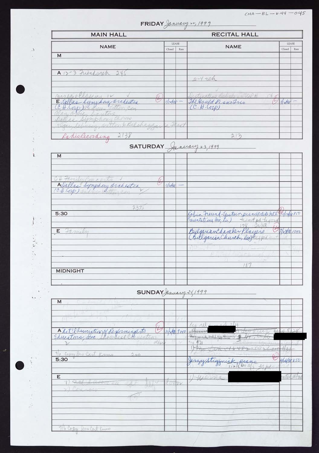 Carnegie Hall Booking Ledger, volume 44, page 45