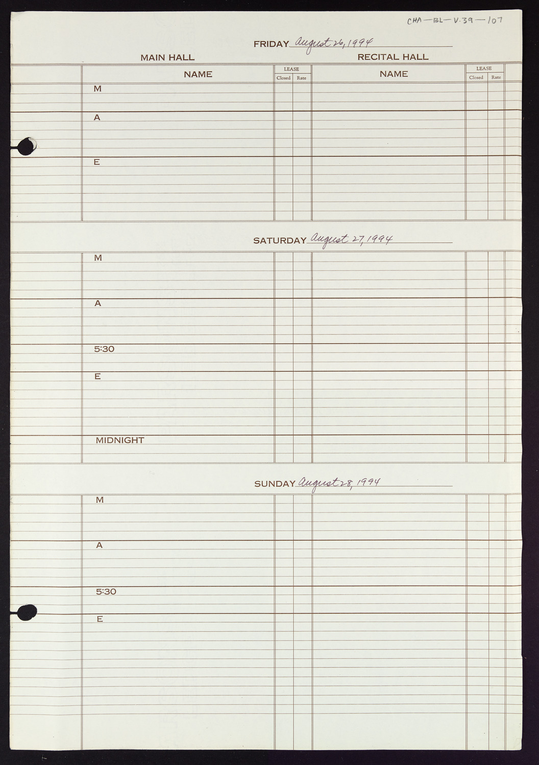 Carnegie Hall Booking Ledger, volume 39, page 107