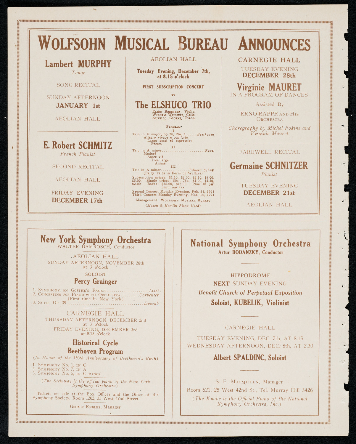 Benno Moiseiwitsch, Piano, November 27, 1920, program page 8