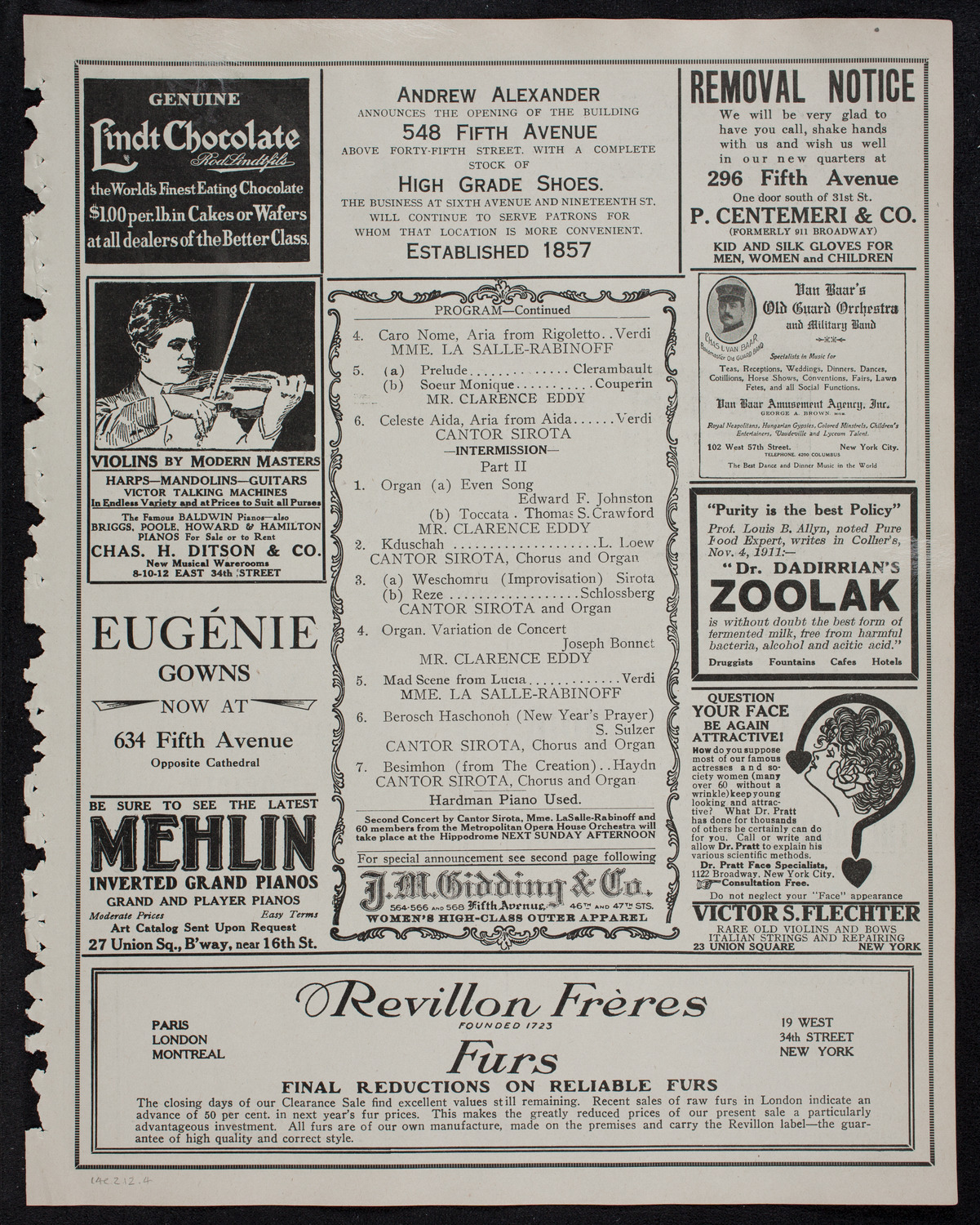 Cantor Sirota with Choir of Fifty, February 14, 1912, program page 7