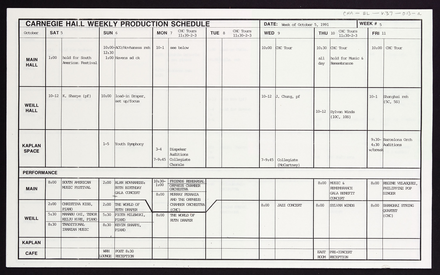 Carnegie Hall Booking Ledger, volume 37, page 13a