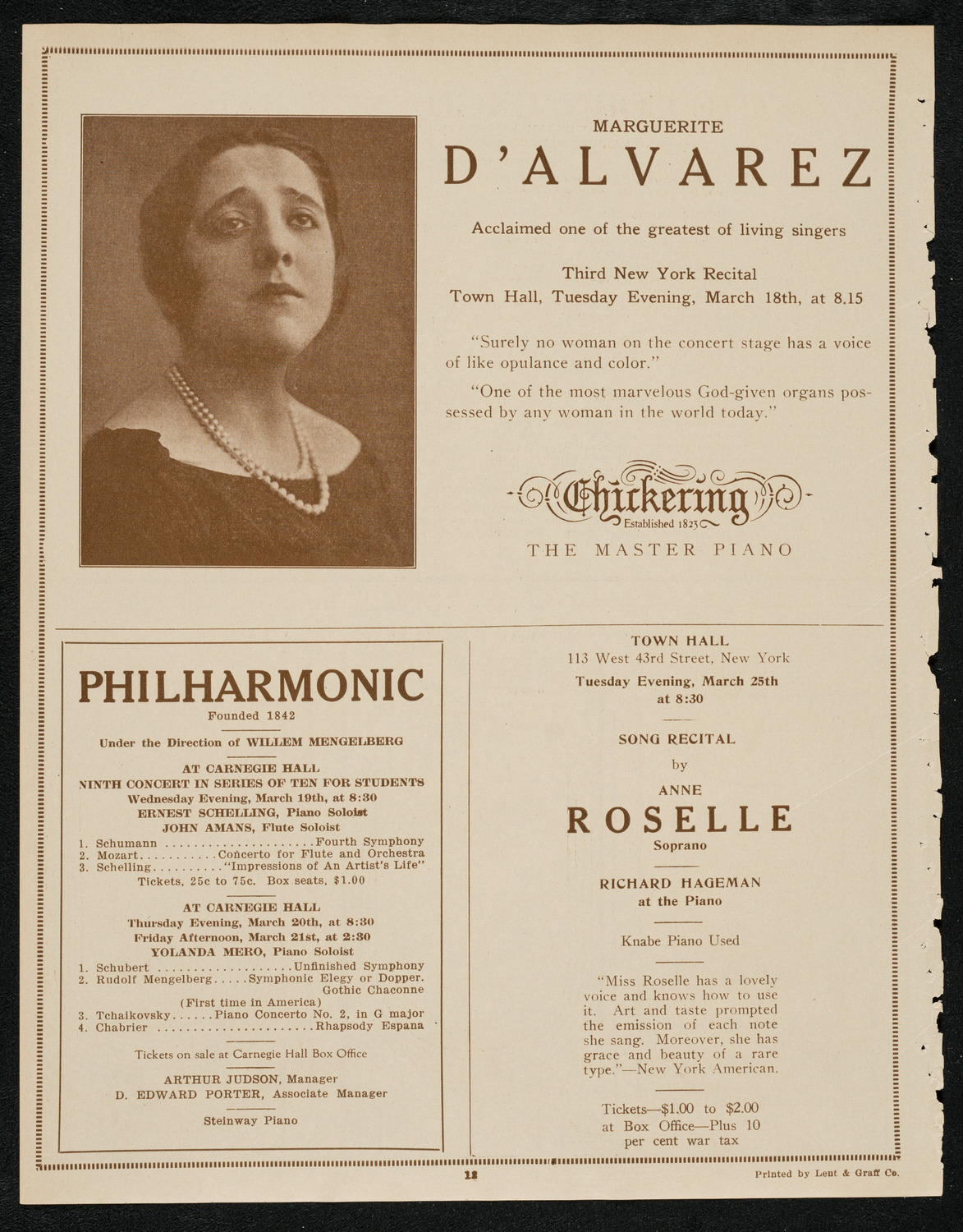 Frieda Hempel, Soprano, Carl Flesch, Violin, and Elly Ney, Piano, March 18, 1924, program page 12