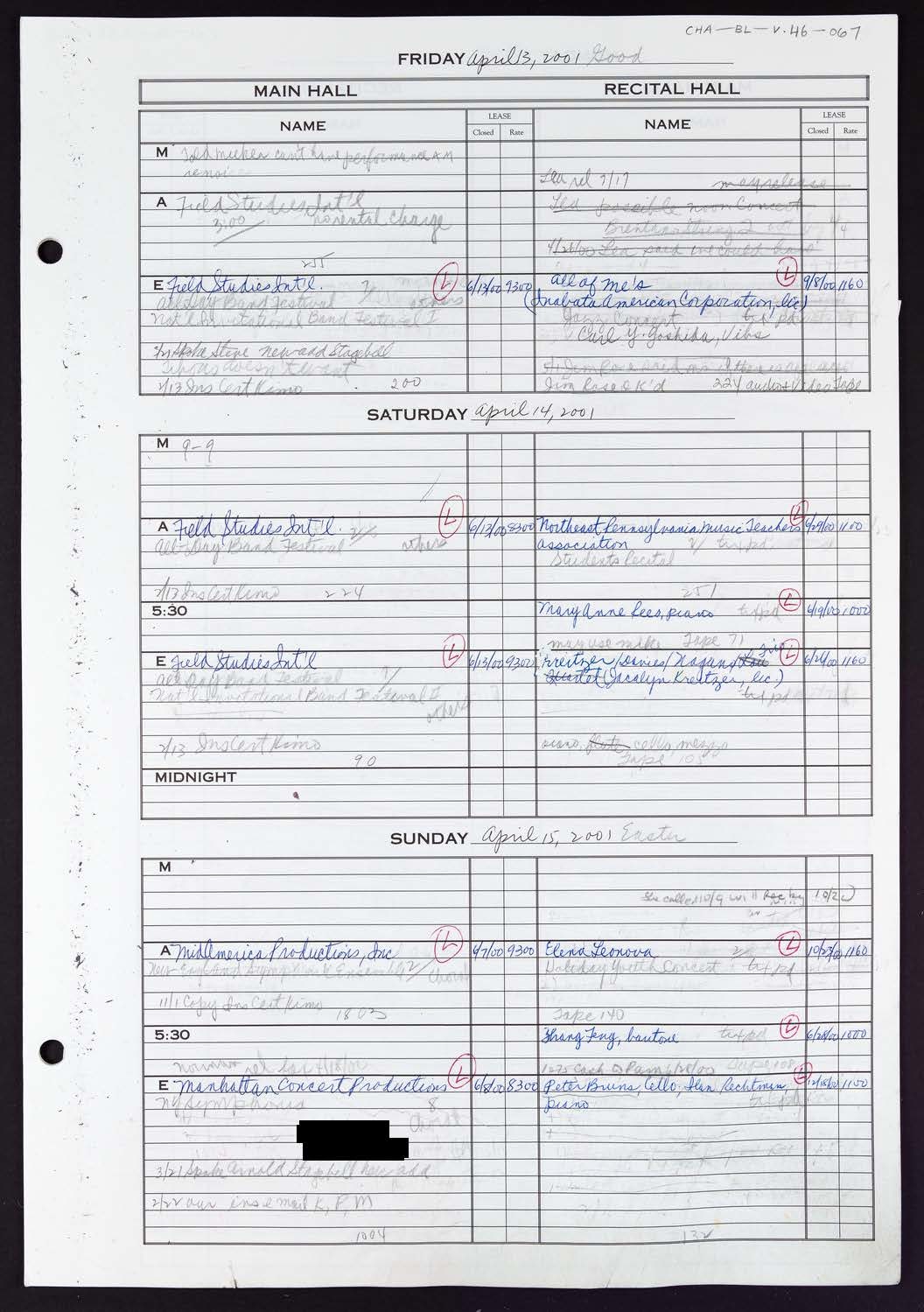 Carnegie Hall Booking Ledger, volume 46, page 67