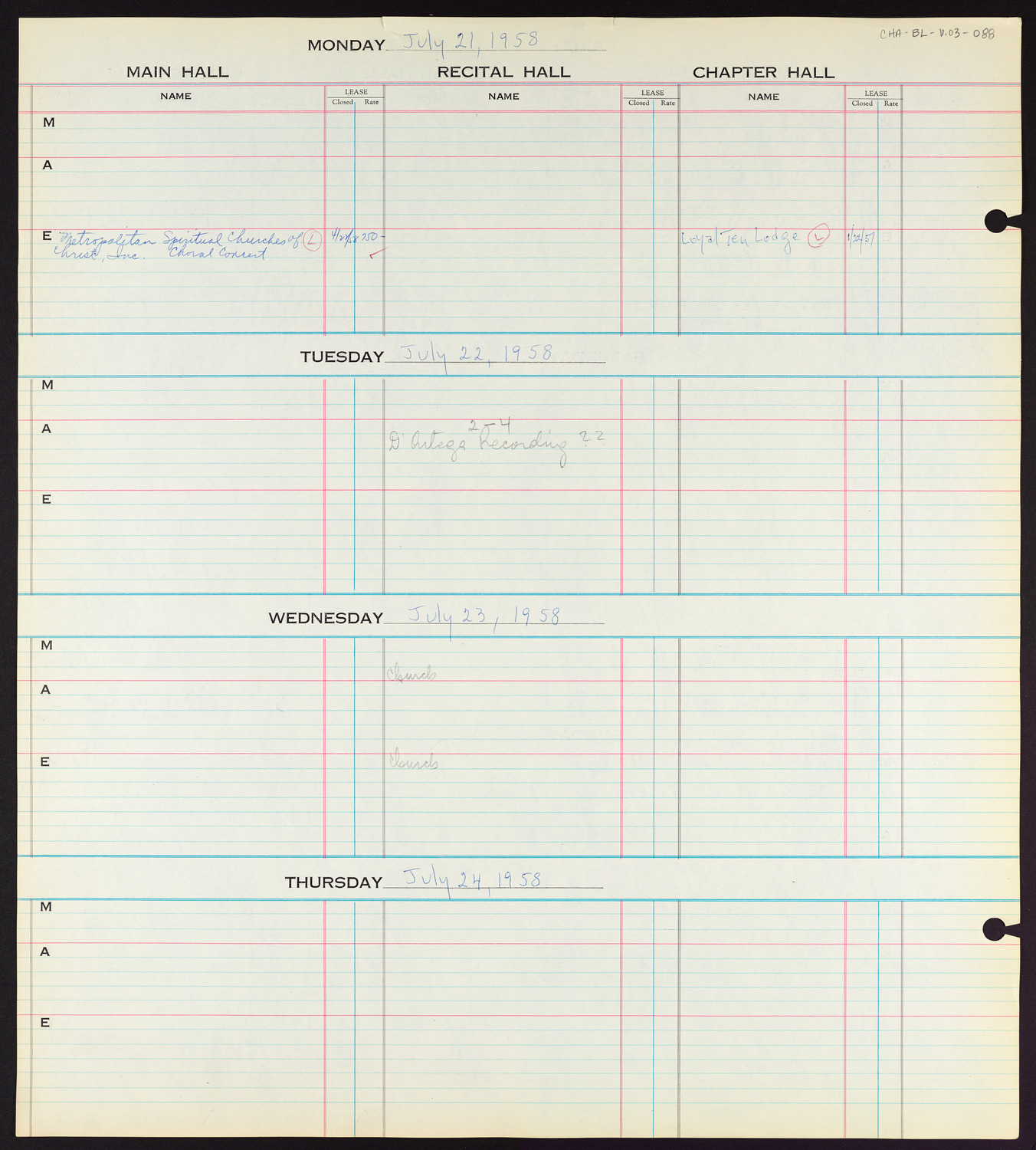 Carnegie Hall Booking Ledger, volume 3, page 88