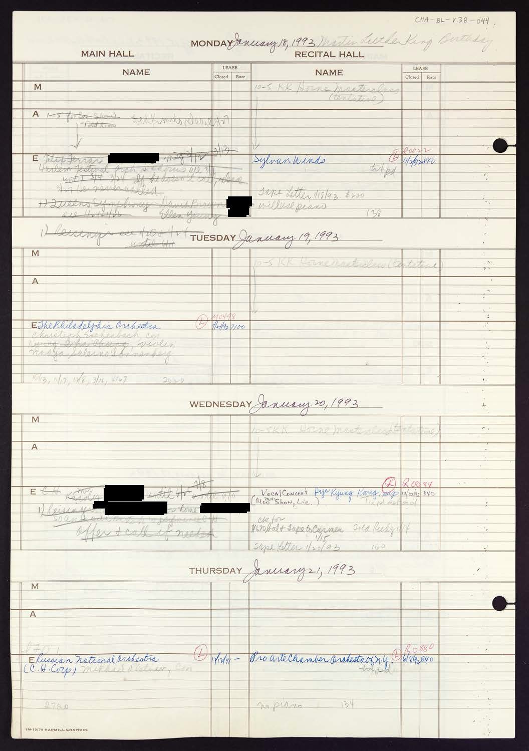 Carnegie Hall Booking Ledger, volume 38, page 44