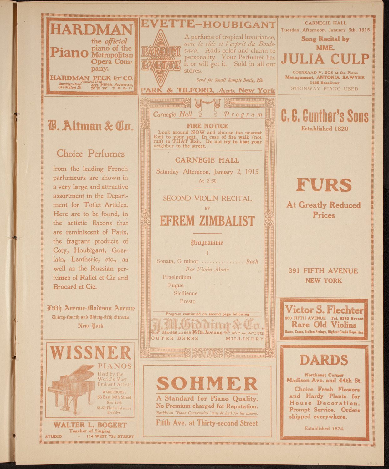 Efrem Zimbalist, Violin, January 2, 1915, program page 5
