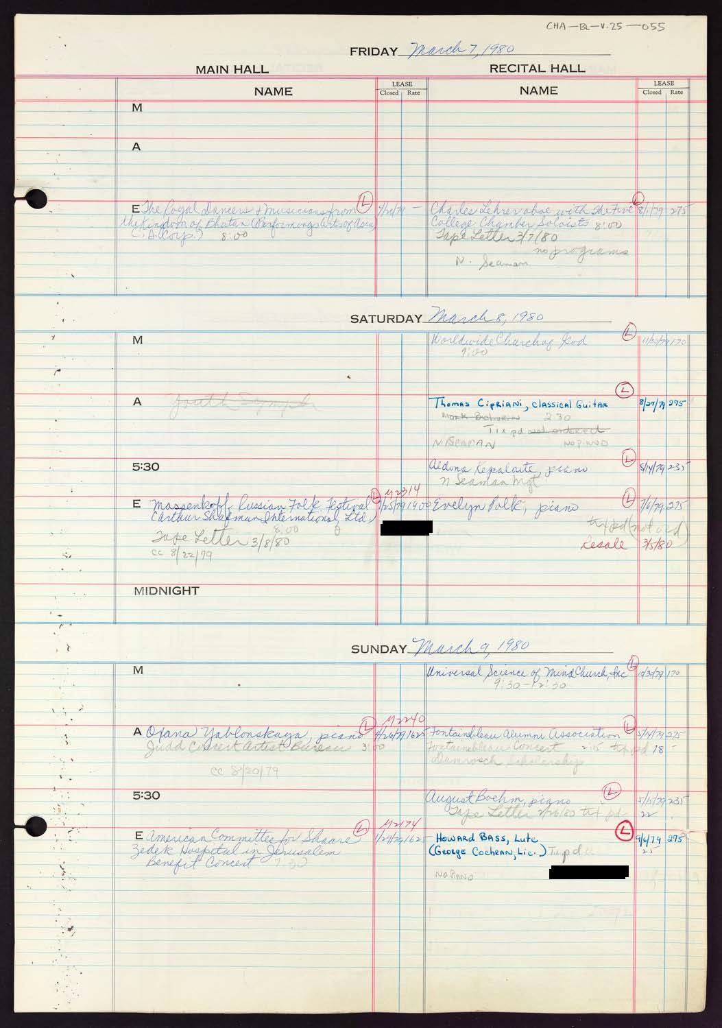 Carnegie Hall Booking Ledger, volume 25, page 55