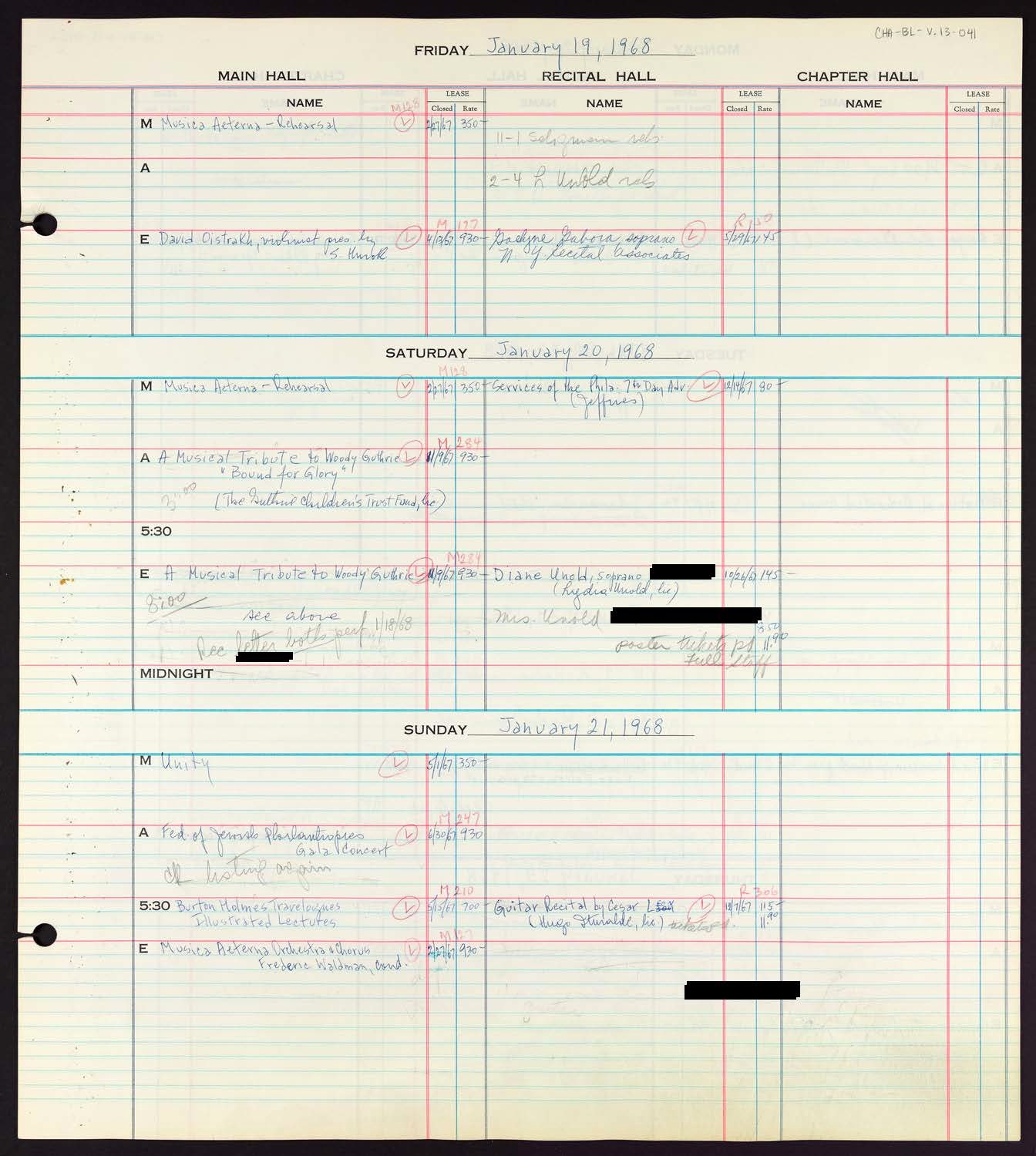 Carnegie Hall Booking Ledger, volume 13, page 41