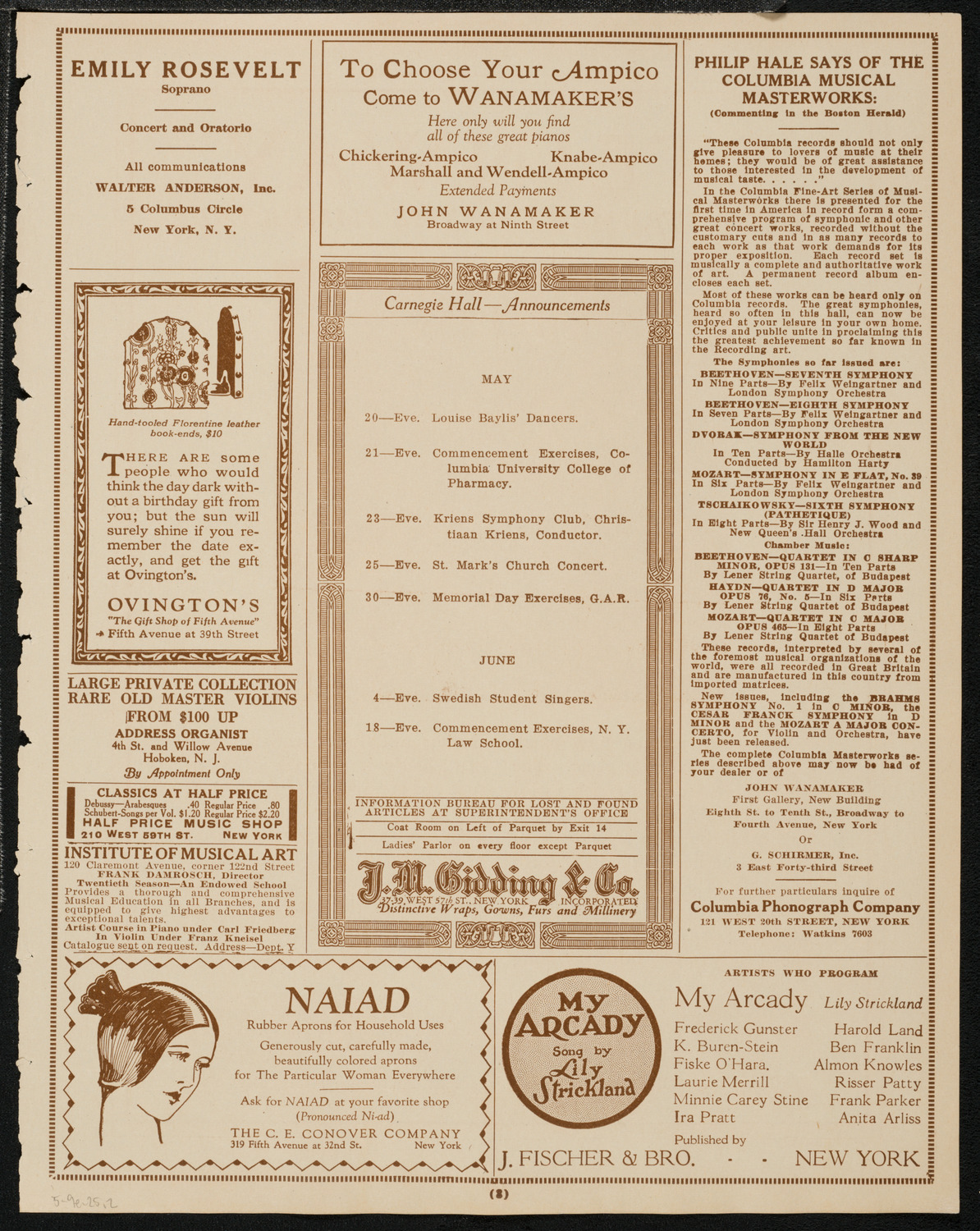 Freiheit Gesang Verein, May 9, 1925, program page 3