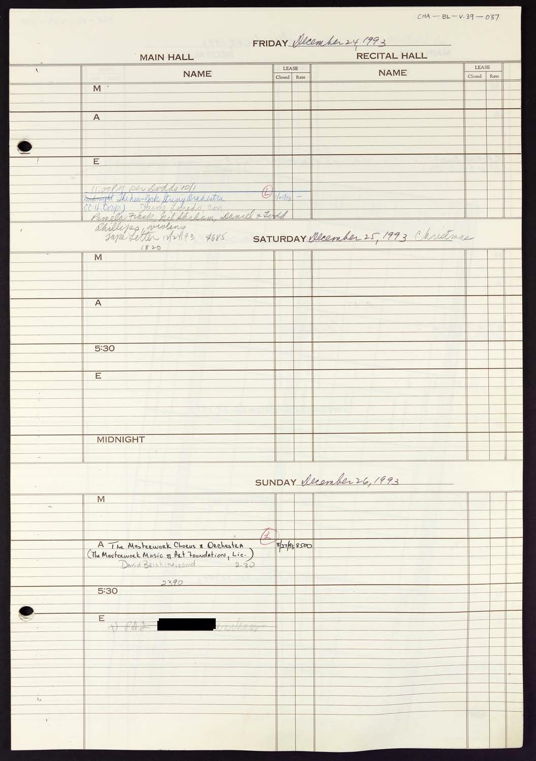 Carnegie Hall Booking Ledger, volume 39, page 37