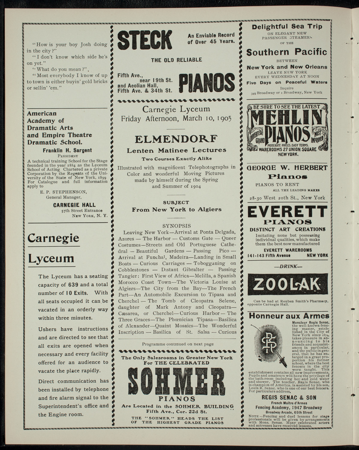 Elmendorf Lecture: From New York to Algiers, March 10, 1905, program page 2