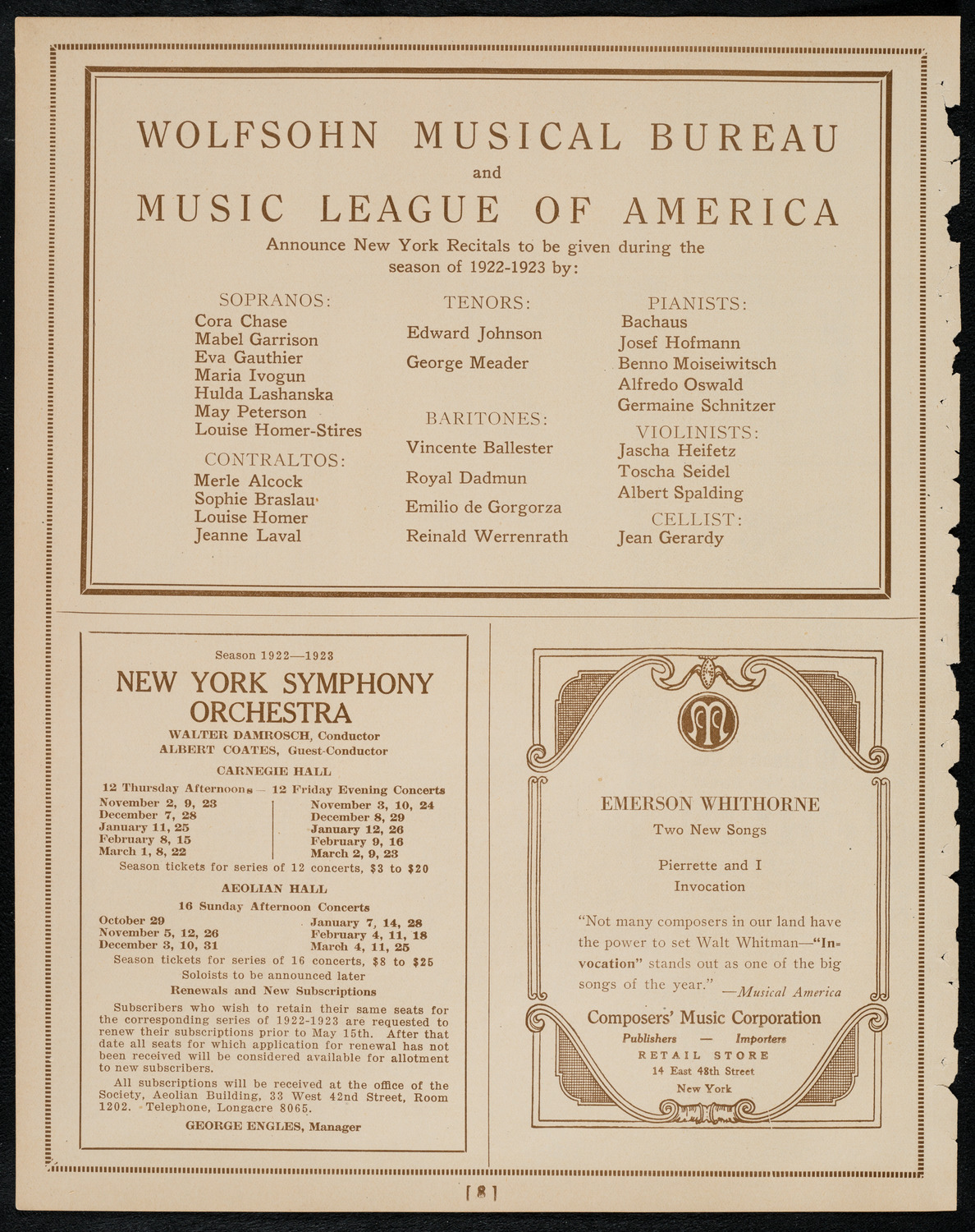 Beniamino Gigli, Tenor, May 2, 1922, program page 8