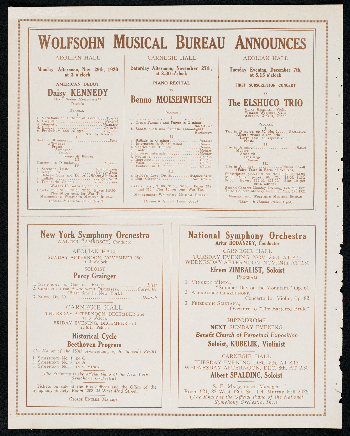 Váša Príhoda, Violin, November 22, 1920, program page 8