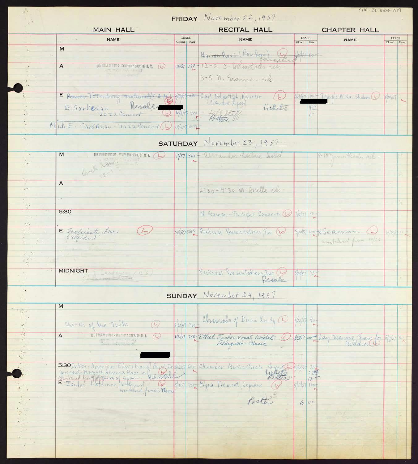 Carnegie Hall Booking Ledger, volume 3, page 19