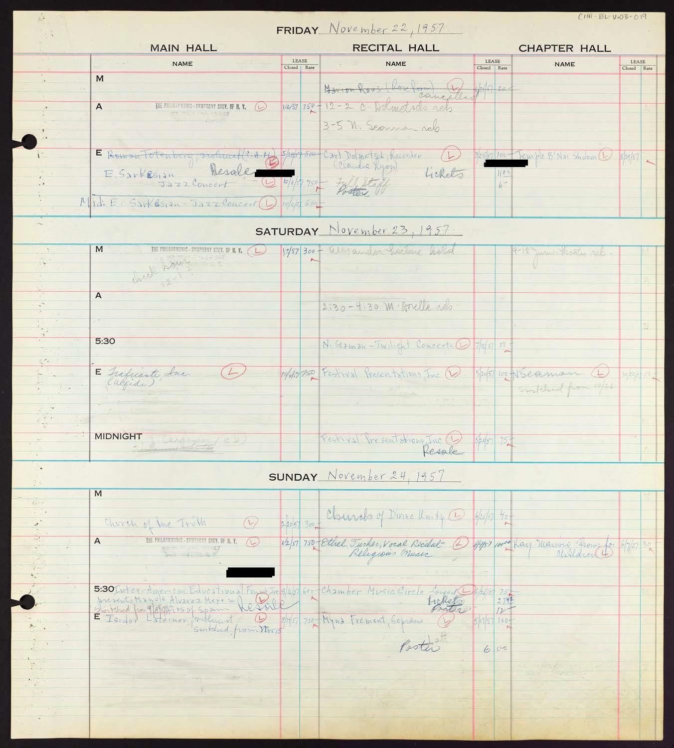 Carnegie Hall Booking Ledger, volume 3, page 19