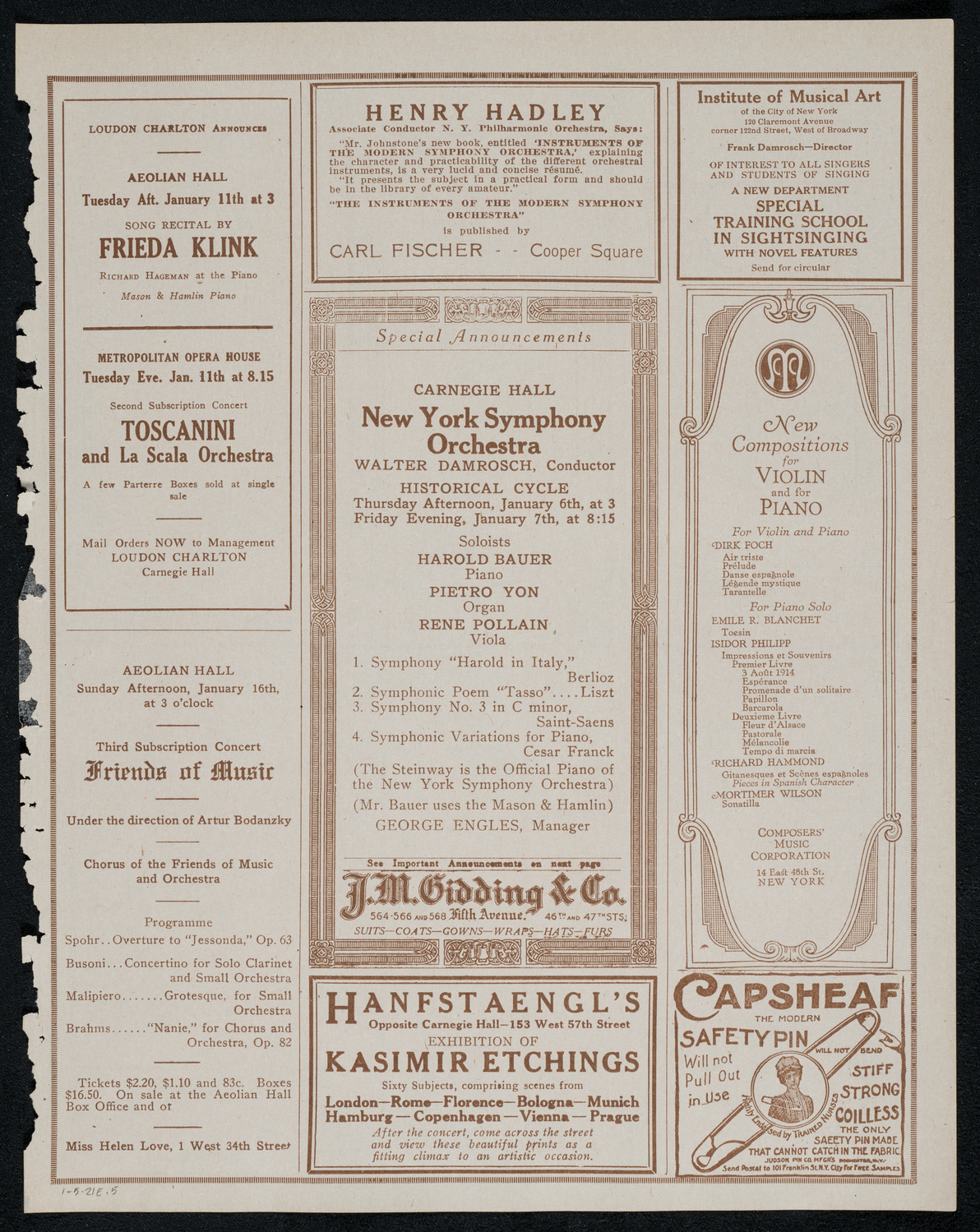 Frieda Hempel, Soprano, January 5, 1921, program page 9