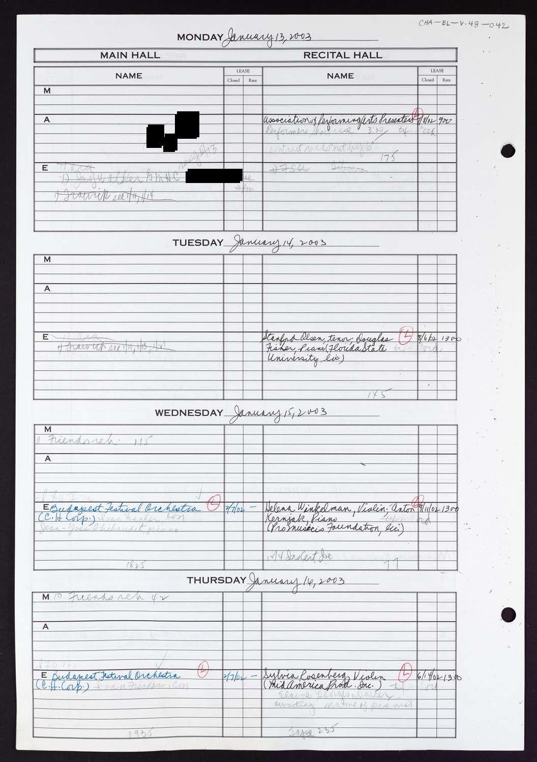 Carnegie Hall Booking Ledger, volume 48, page 42