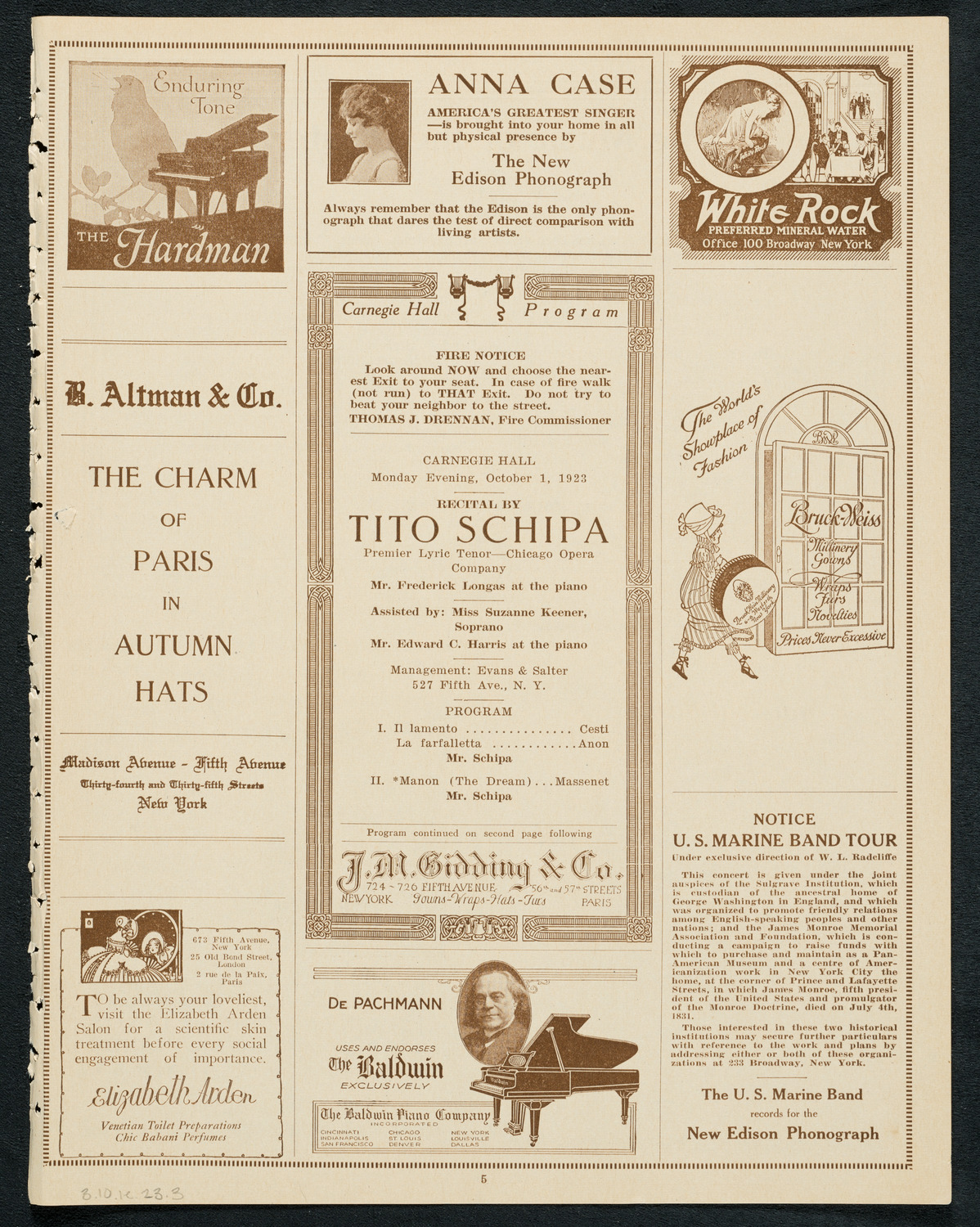 Tito Schipa, Tenor, October 1, 1923, program page 5