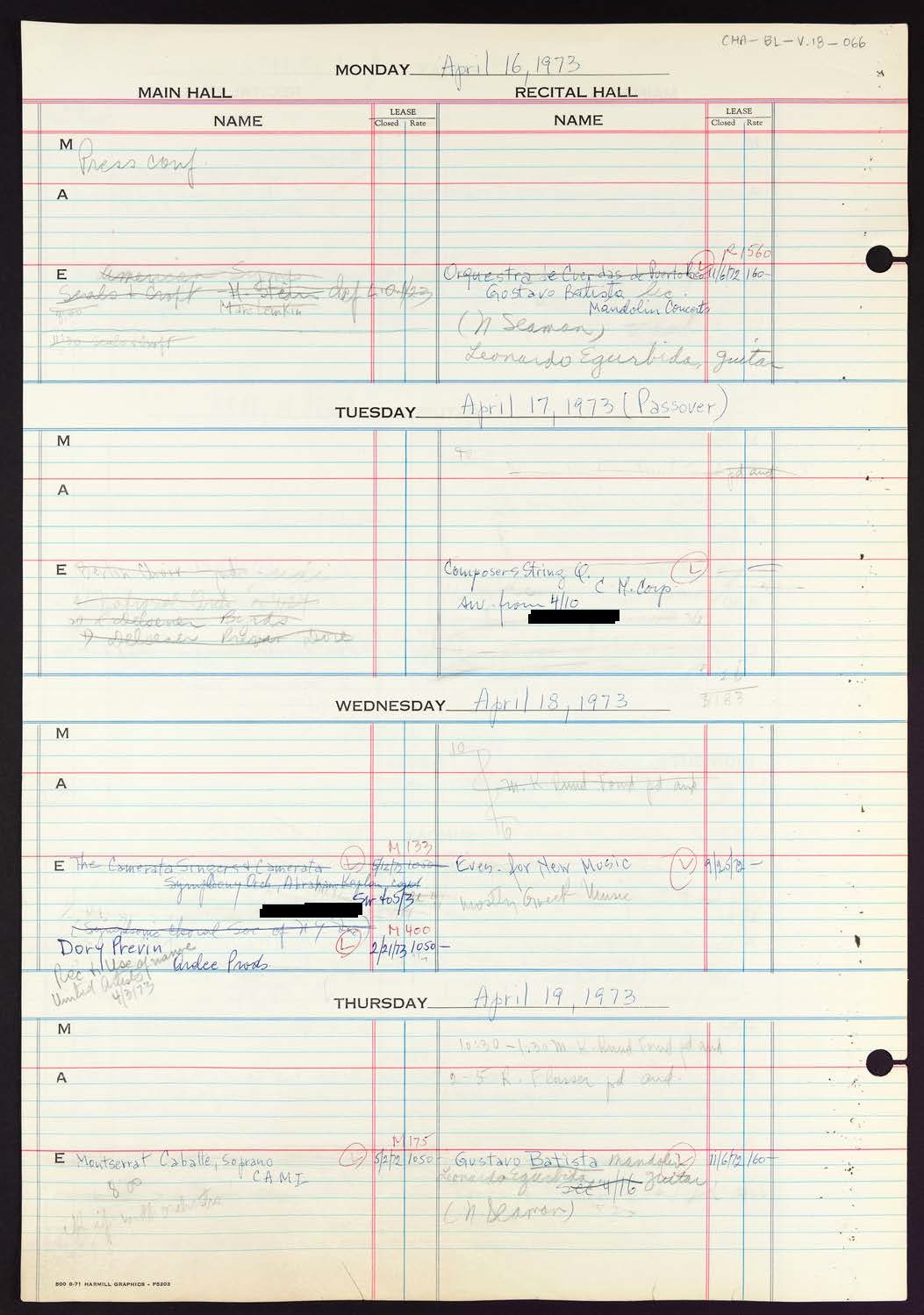 Carnegie Hall Booking Ledger, volume 18, page 66