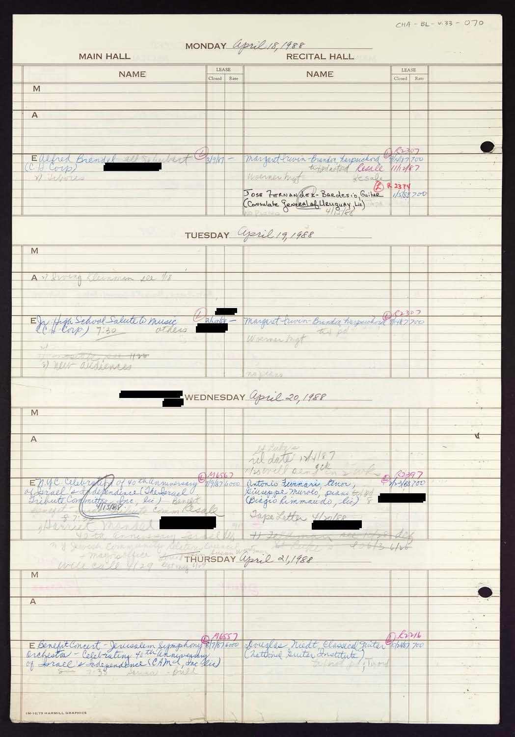 Carnegie Hall Booking Ledger, volume 33, page 70